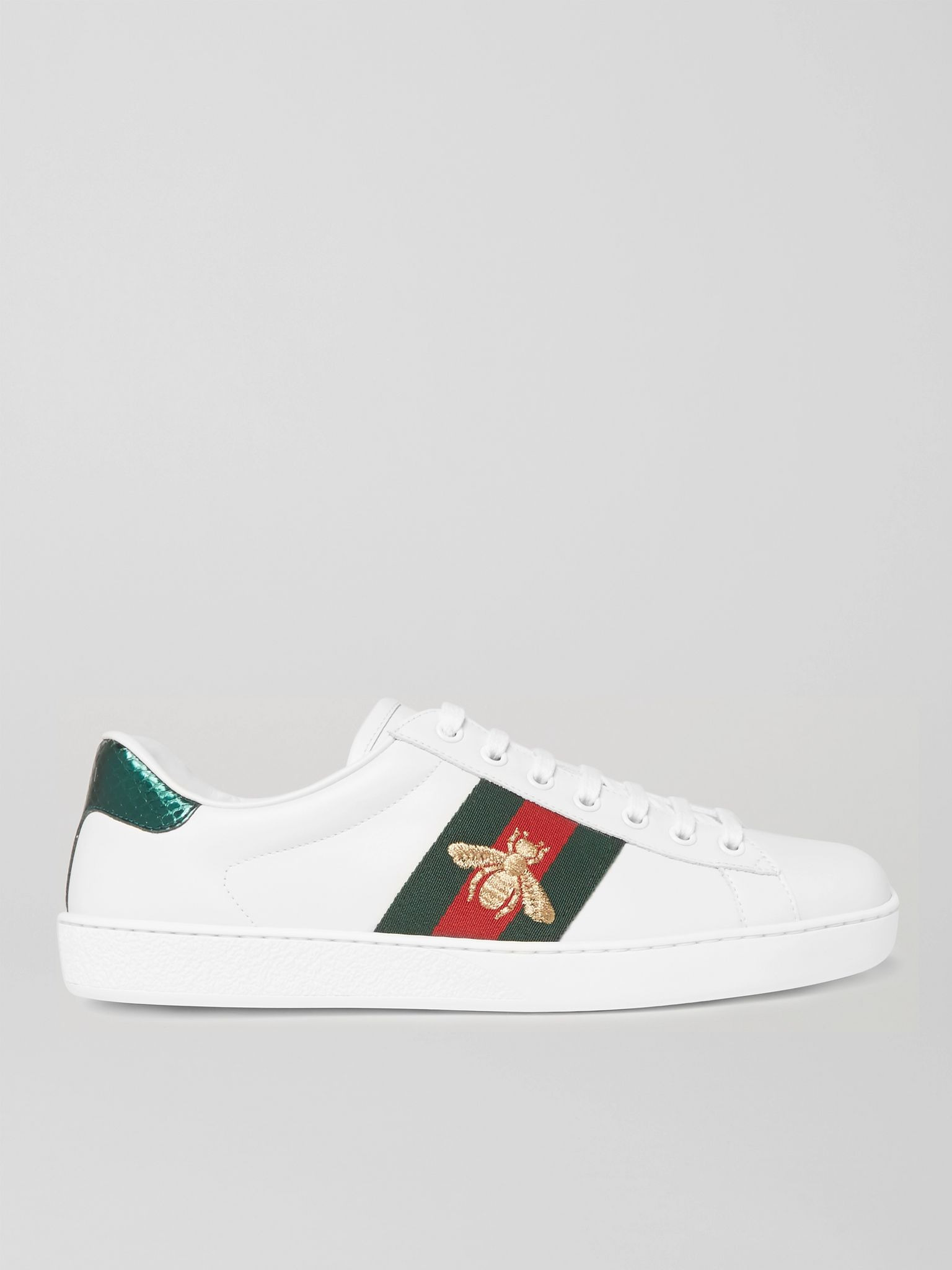 Ace Faux Watersnake-Trimmed Embroidered Leather Sneakers White - 1