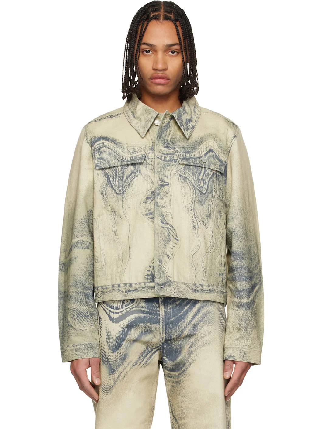 Beige Distorted Print Denim Jacket - 1