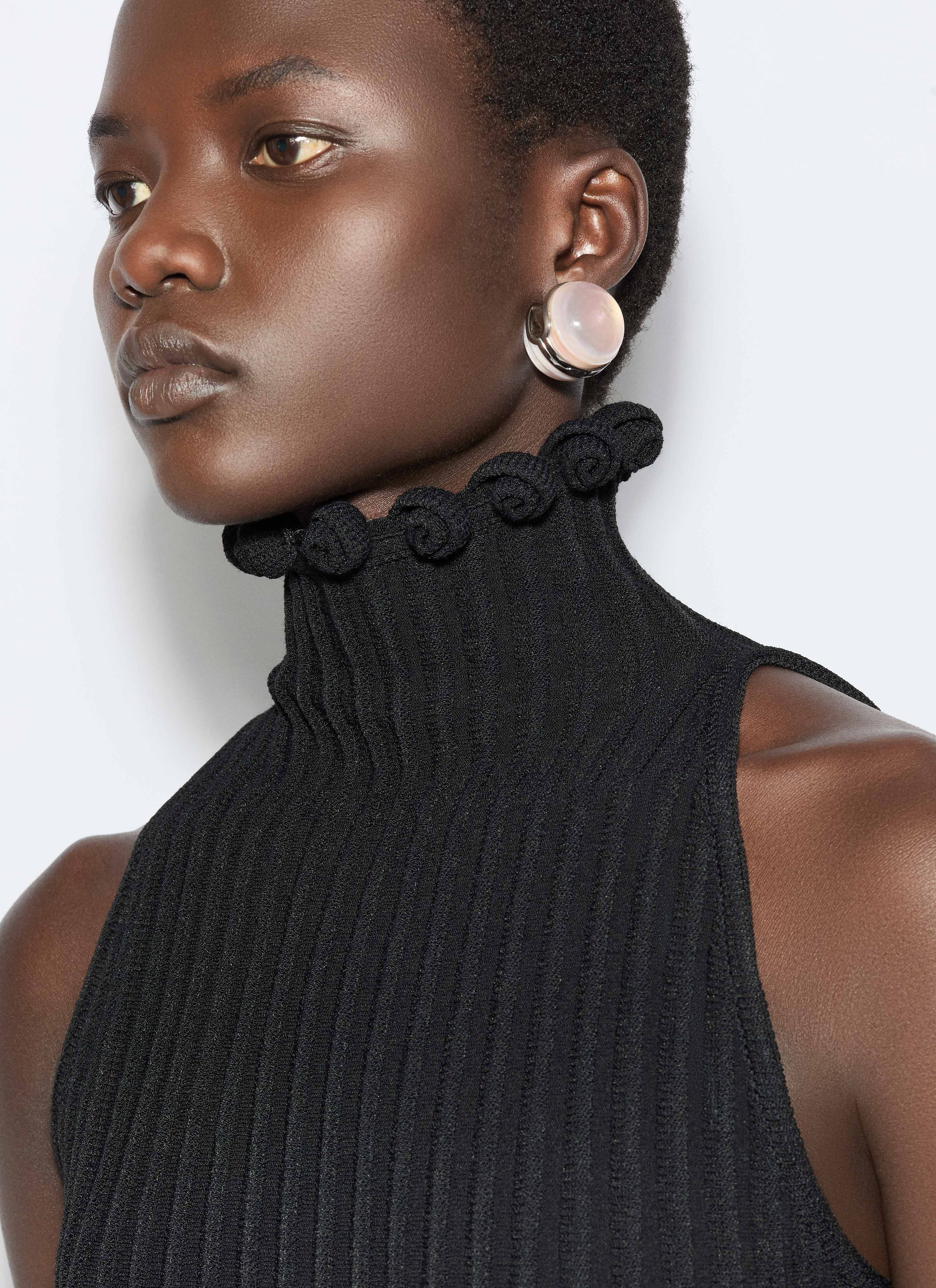 RIBBED KNIT CURLED HIGH NECK DRESS - 6