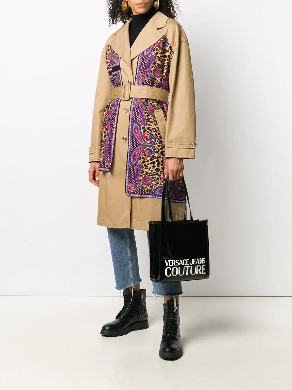 paisley leopard accent trench coat - 2