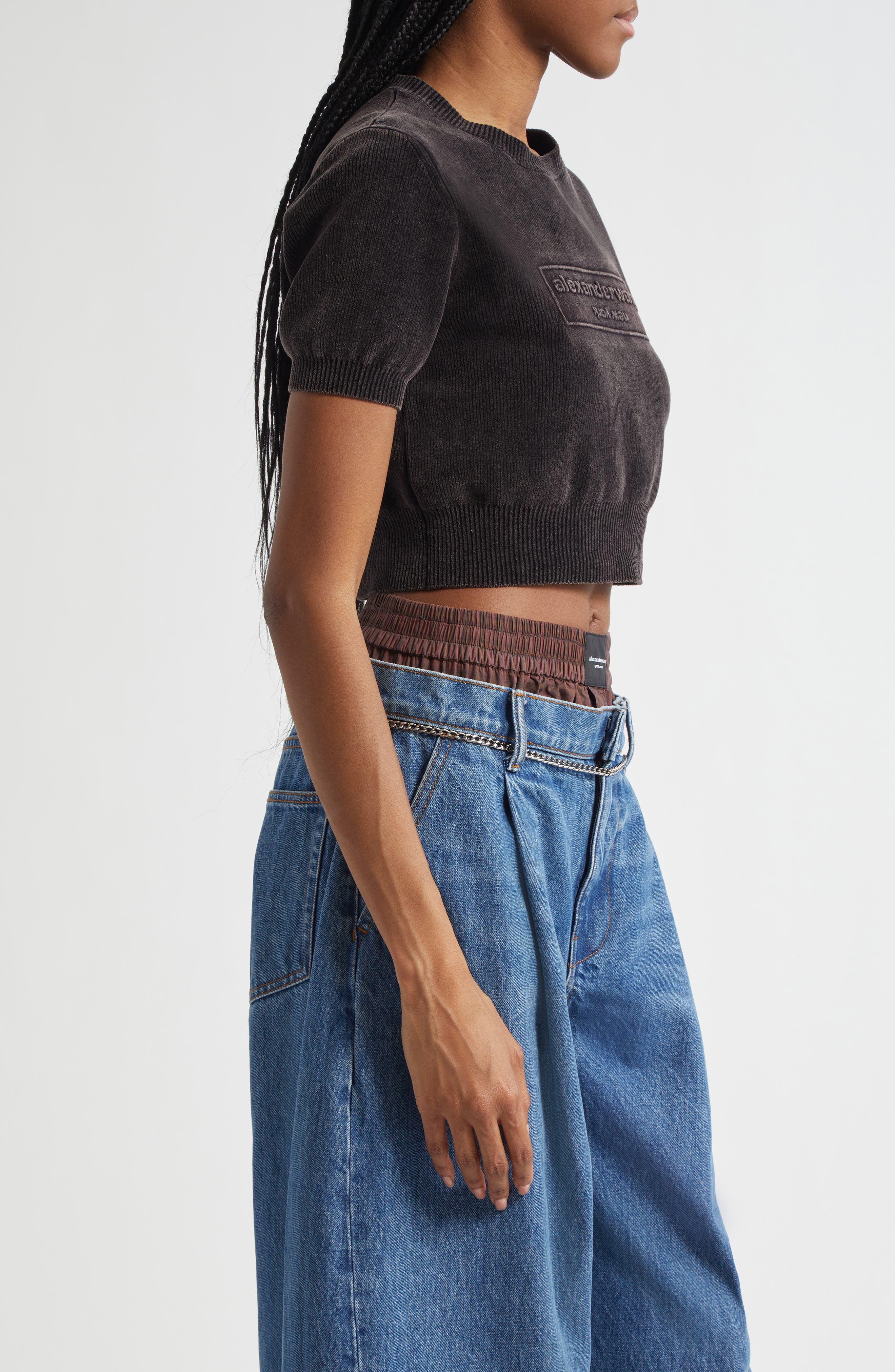 Alexander Wang Logo Short Sleeve Chenille Crop Sweater in Washed Black at Nordstrom - 4