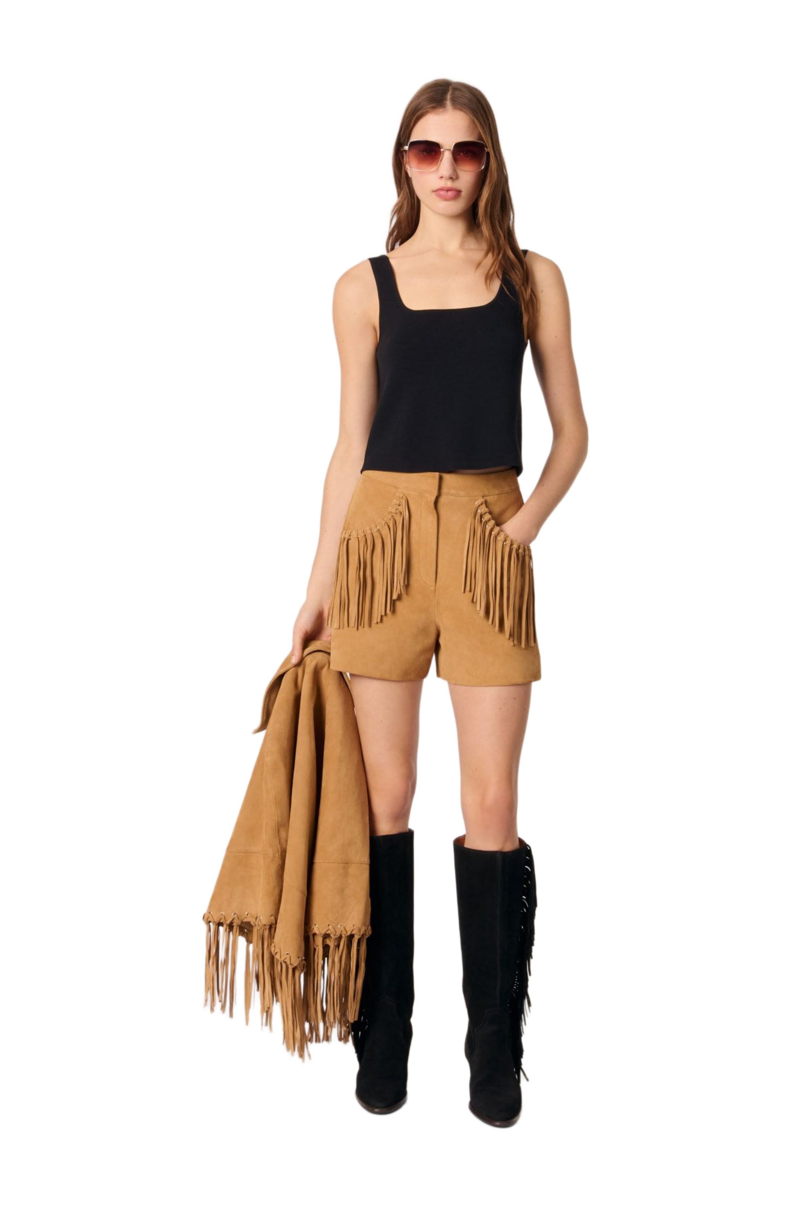 maje Fringed nubuck shorts in Beige at Nordstrom - 3