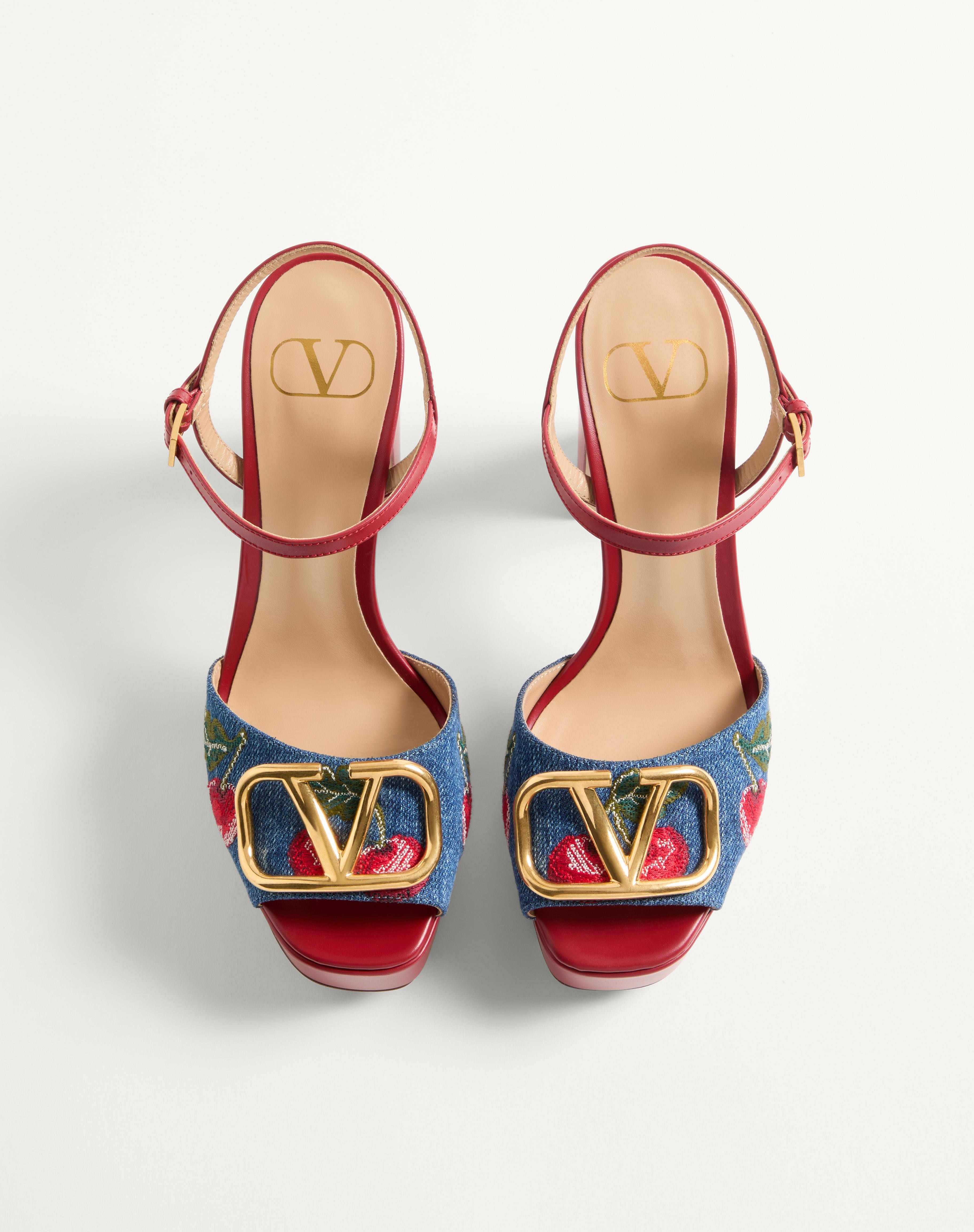 VLOGO SIGNATURE PLATFORM DENIM SANDAL WITH CHERRYFIC EMBROIDERY 115MM - 4