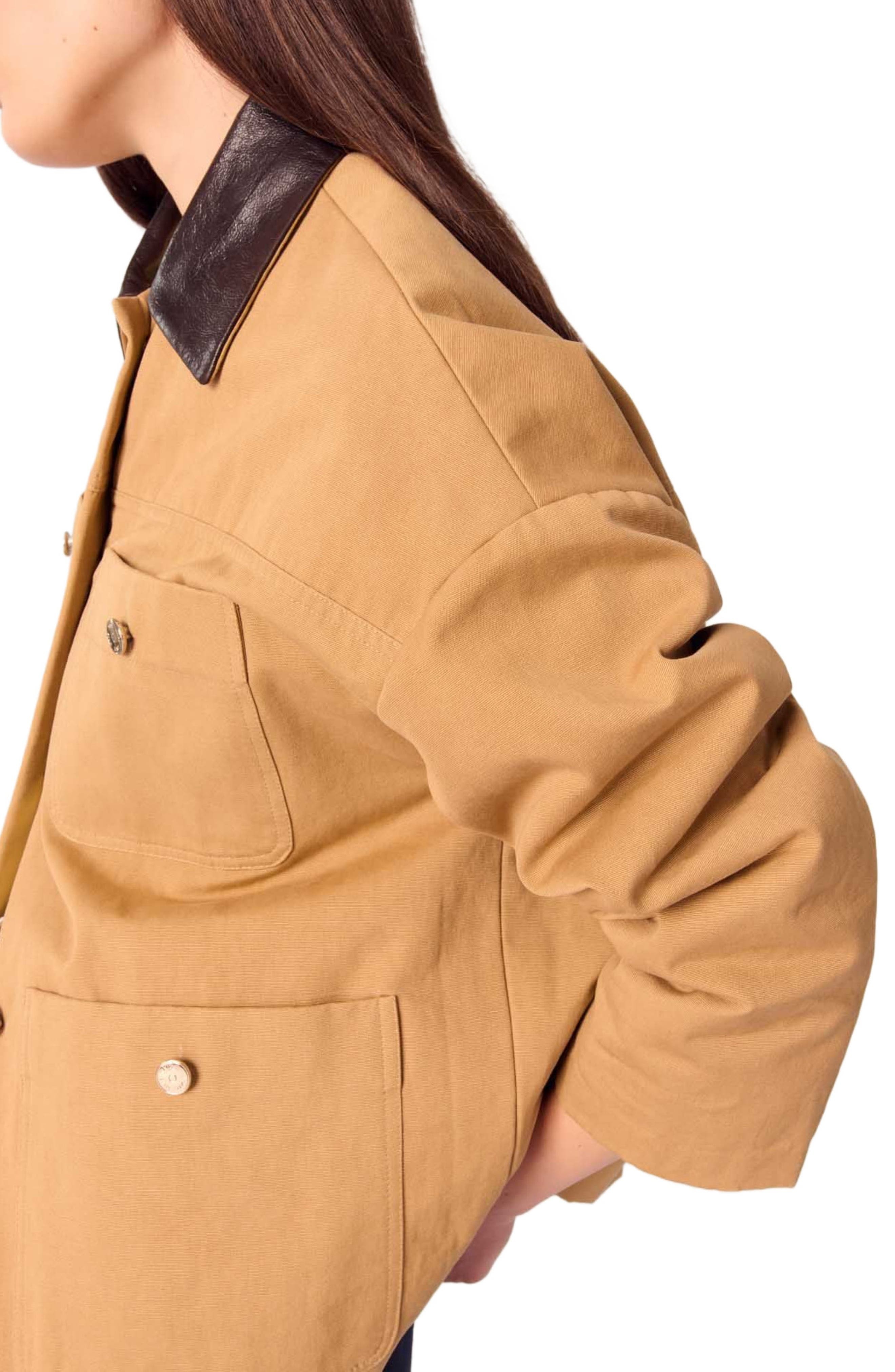 maje Cotton coat with leather collar in Beige at Nordstrom - 4