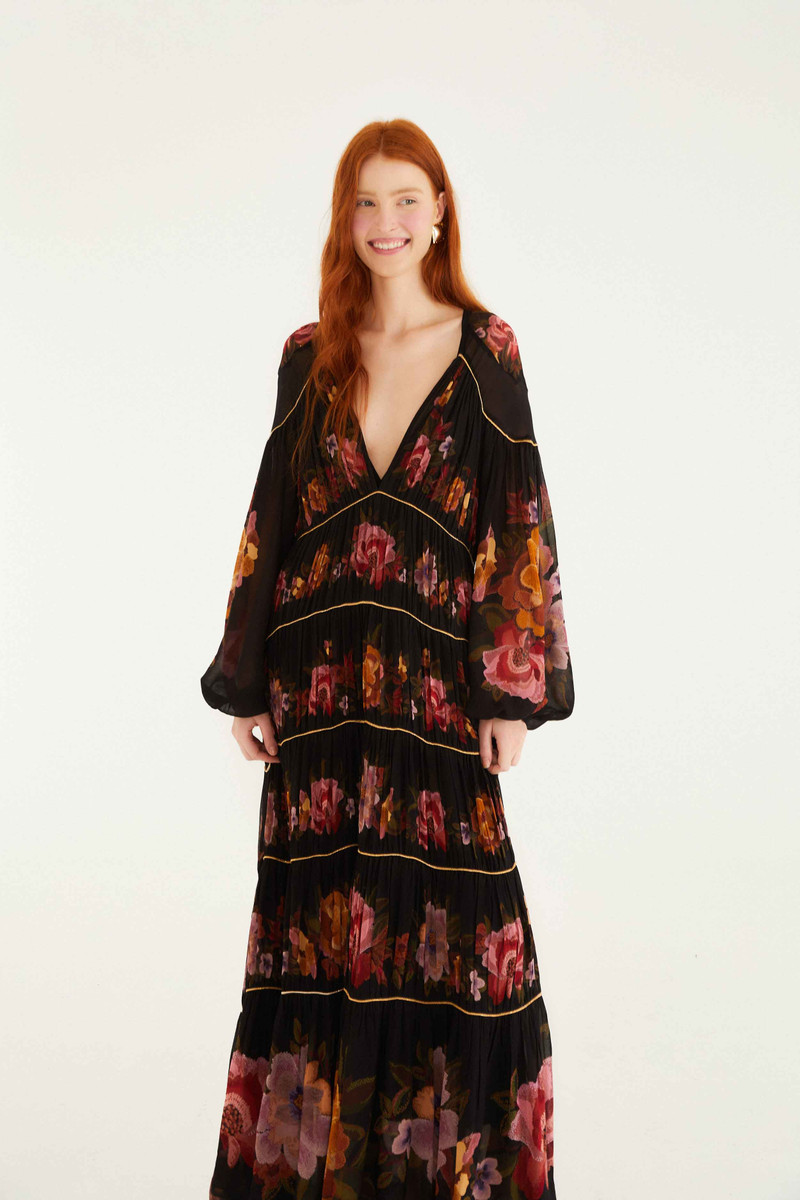 Black Chenille Flowers Long Sleeve Midi Dress 3