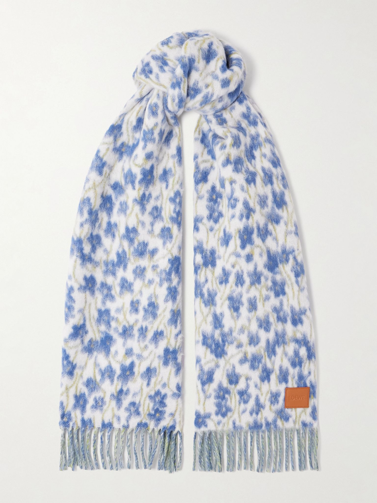 Fringed printed wool-blend scarf Blue - 1
