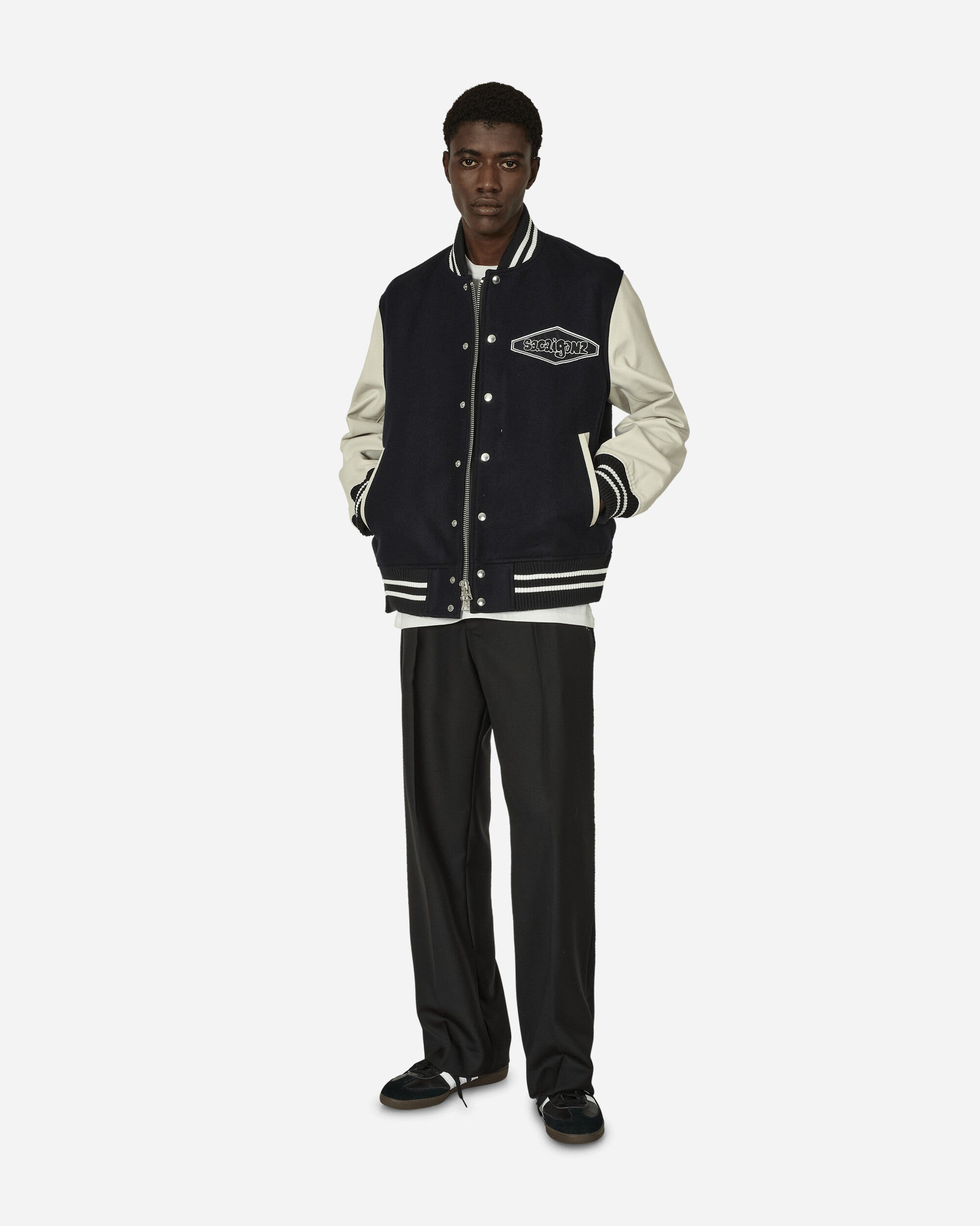 Gonz Wool Melton x Leather Jacket Navy / Off White - 4
