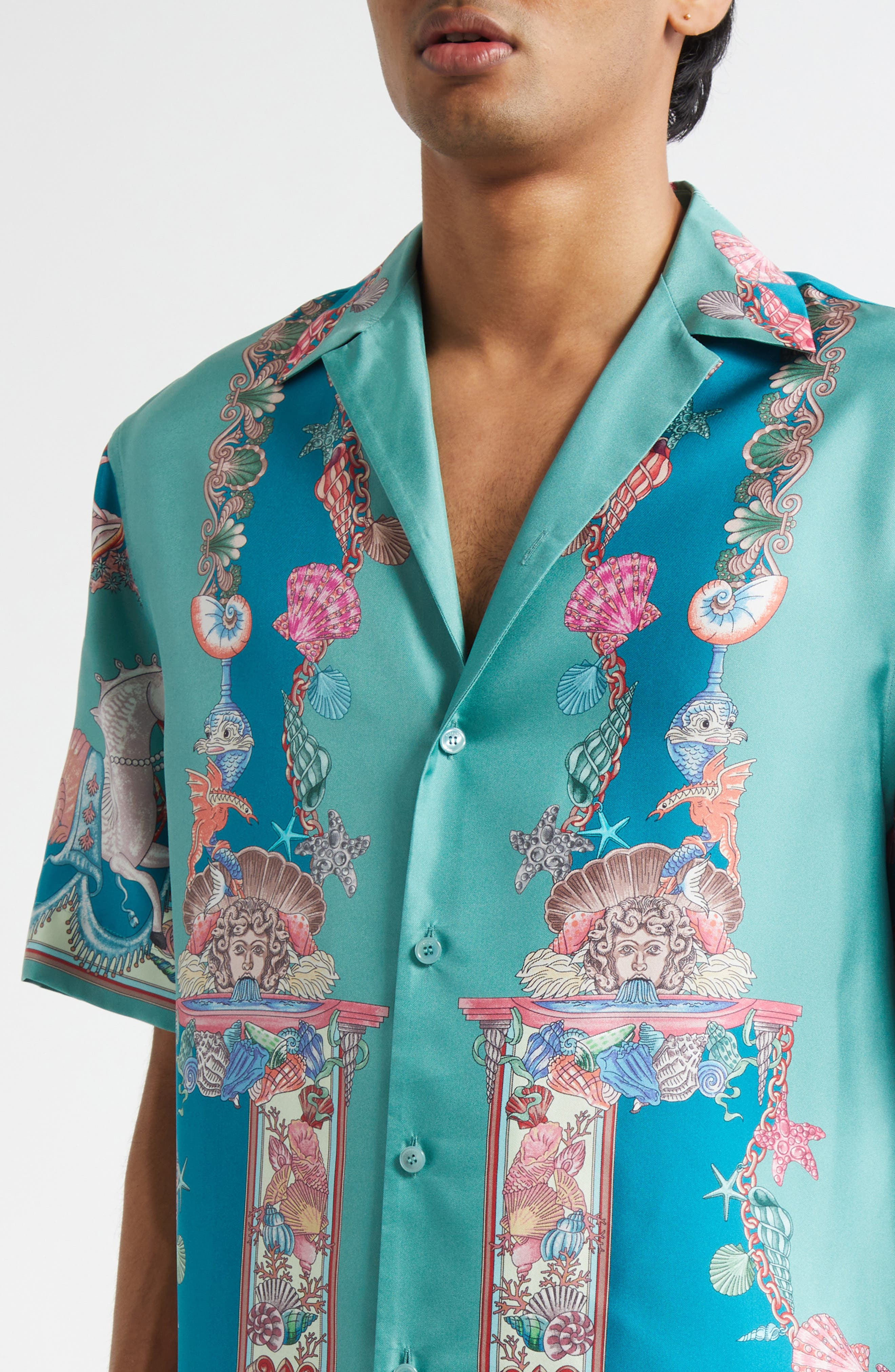 Versace Coral Theater Silk Twill Camp Shirt in Sea Green Dark Sea Green at Nordstrom - 5