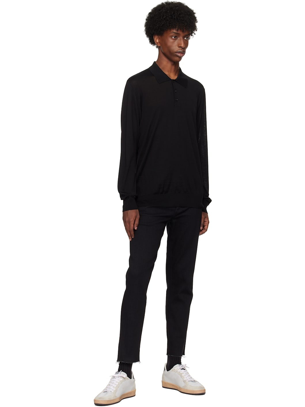Black Long-Sleeved Merino Wool Polo - 4