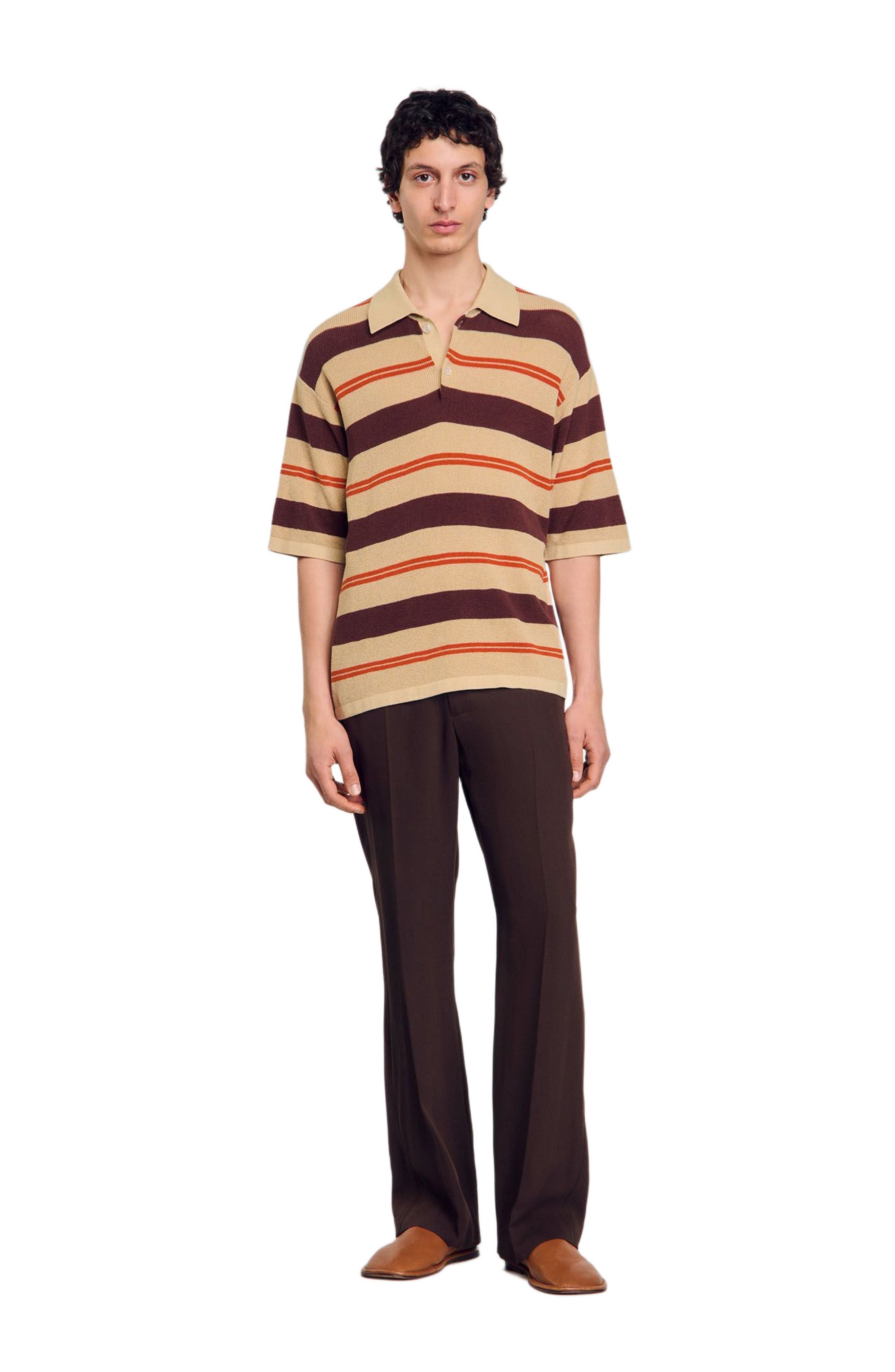 SANDRO Striped knit polo shirt in Nut at Nordstrom - 7