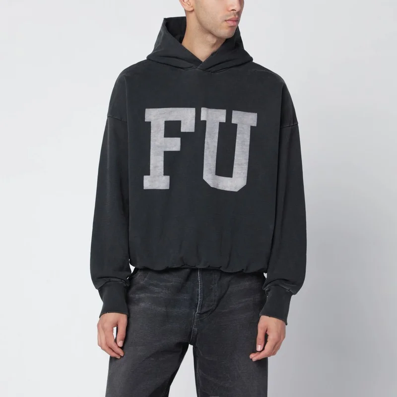 Black vintage-effect FU hoodie - 1
