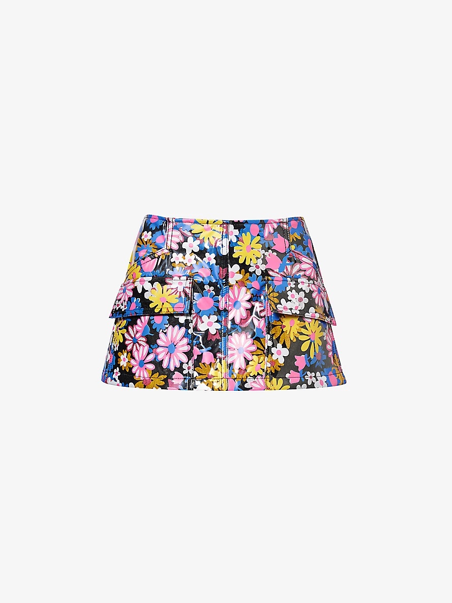 Floral-pattern mid-rise denim mini skirt - 1