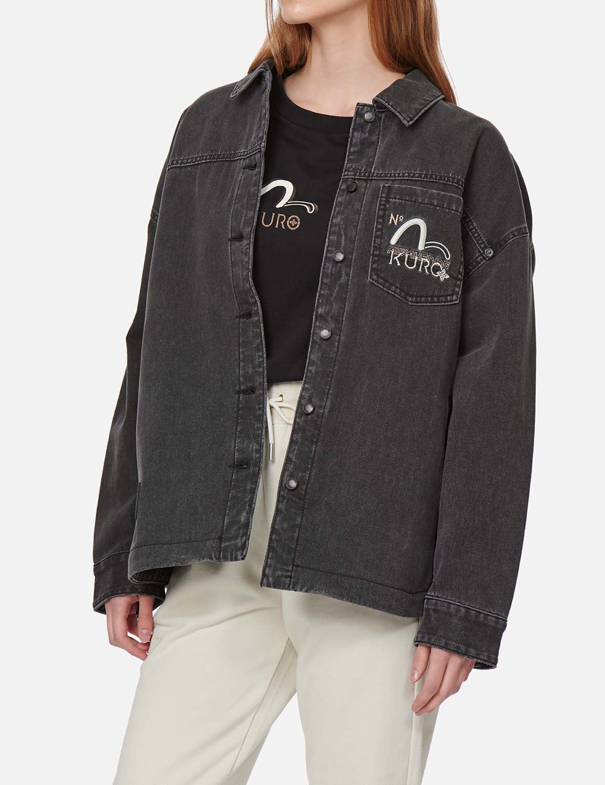 Kamon Glitter Print Oversize Denim Shirt Jacket - 4