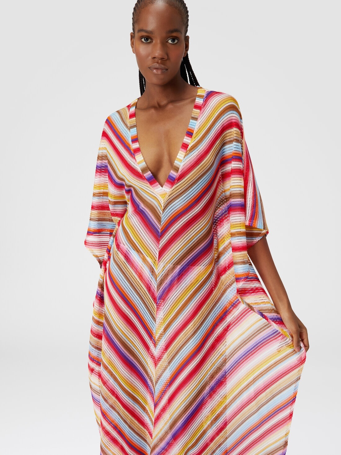 Long cover up kaftan in striped crochet - 4