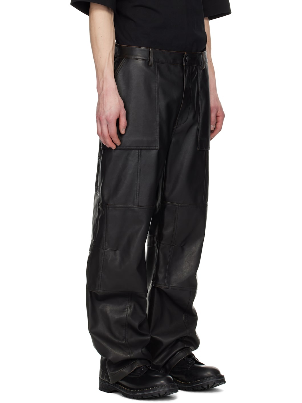 Juun. J Black Knee Tuck Faux-Leather Pants - 2