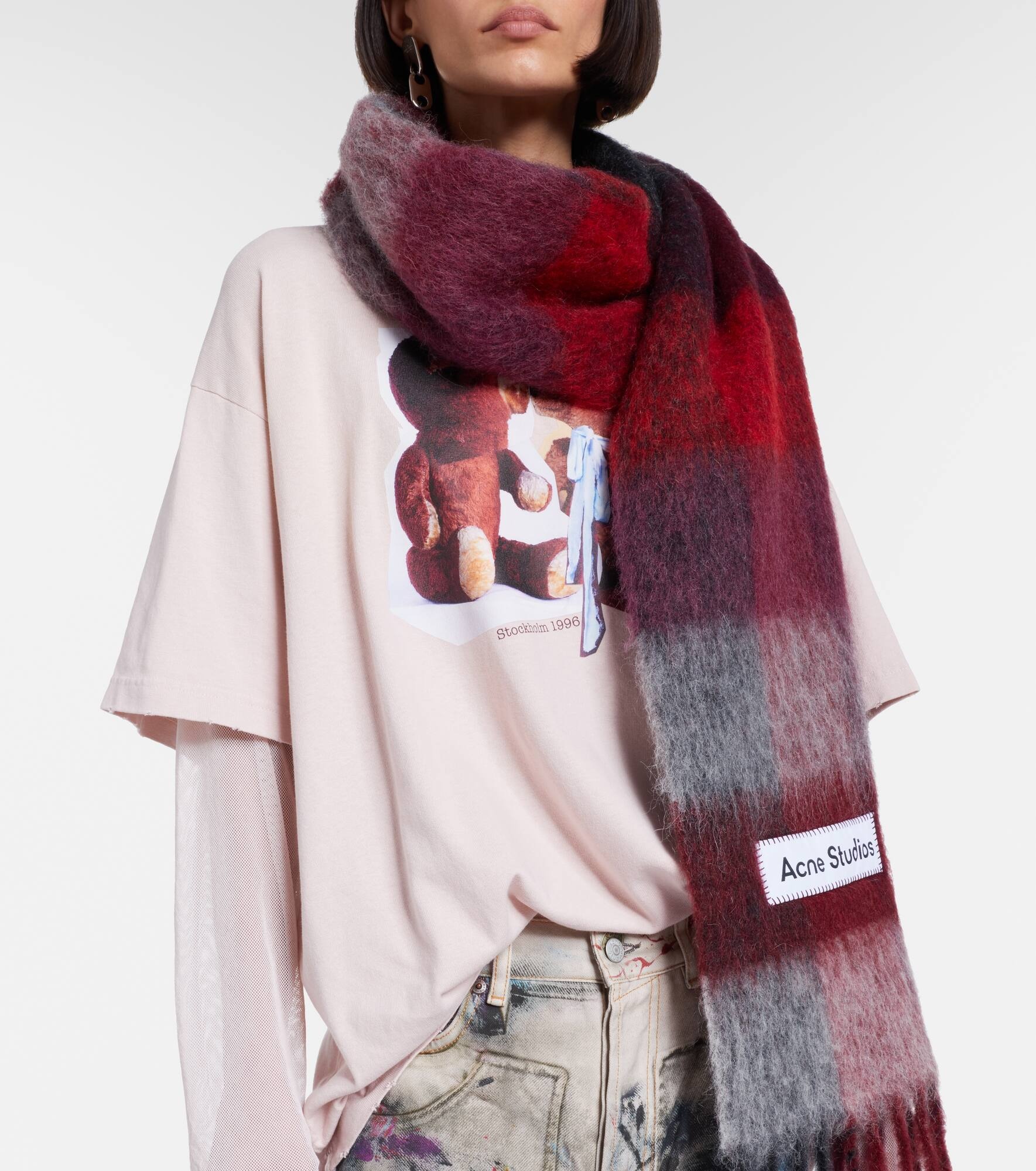 Checked logo fringed wool-blend scarf - 3