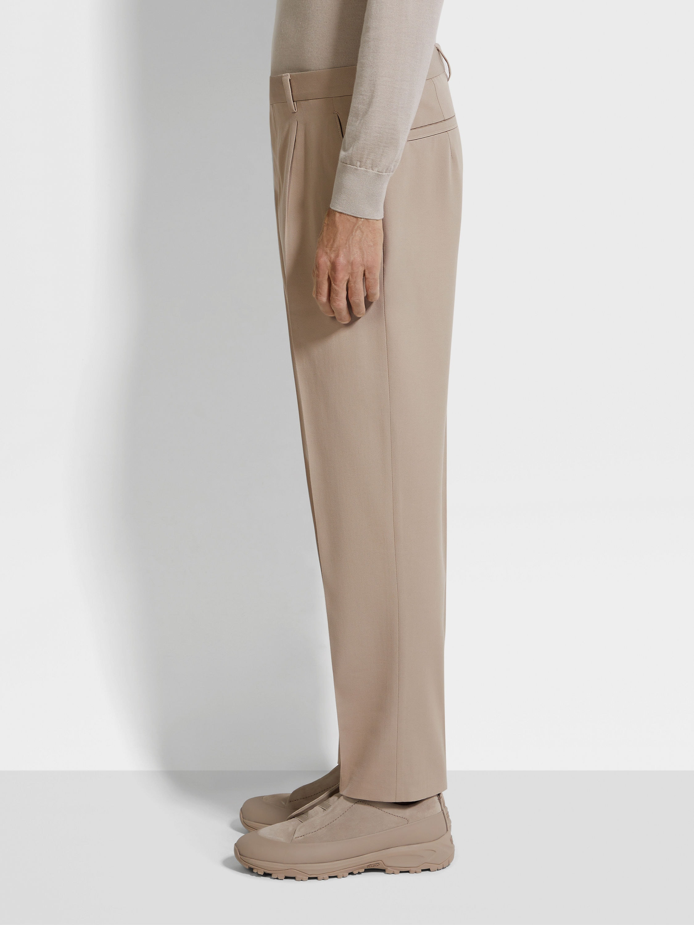 LIGHT TAUPE COTTON AND WOOL PANTS - 4