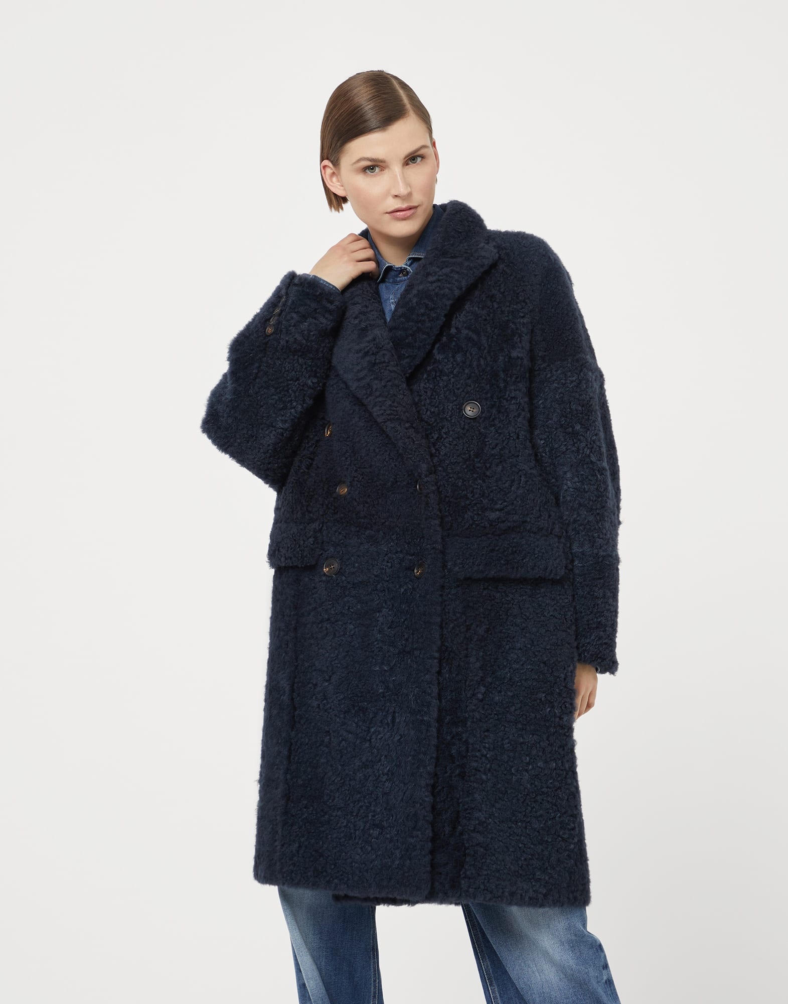 Frosty-effect shearling coat with monili - 1