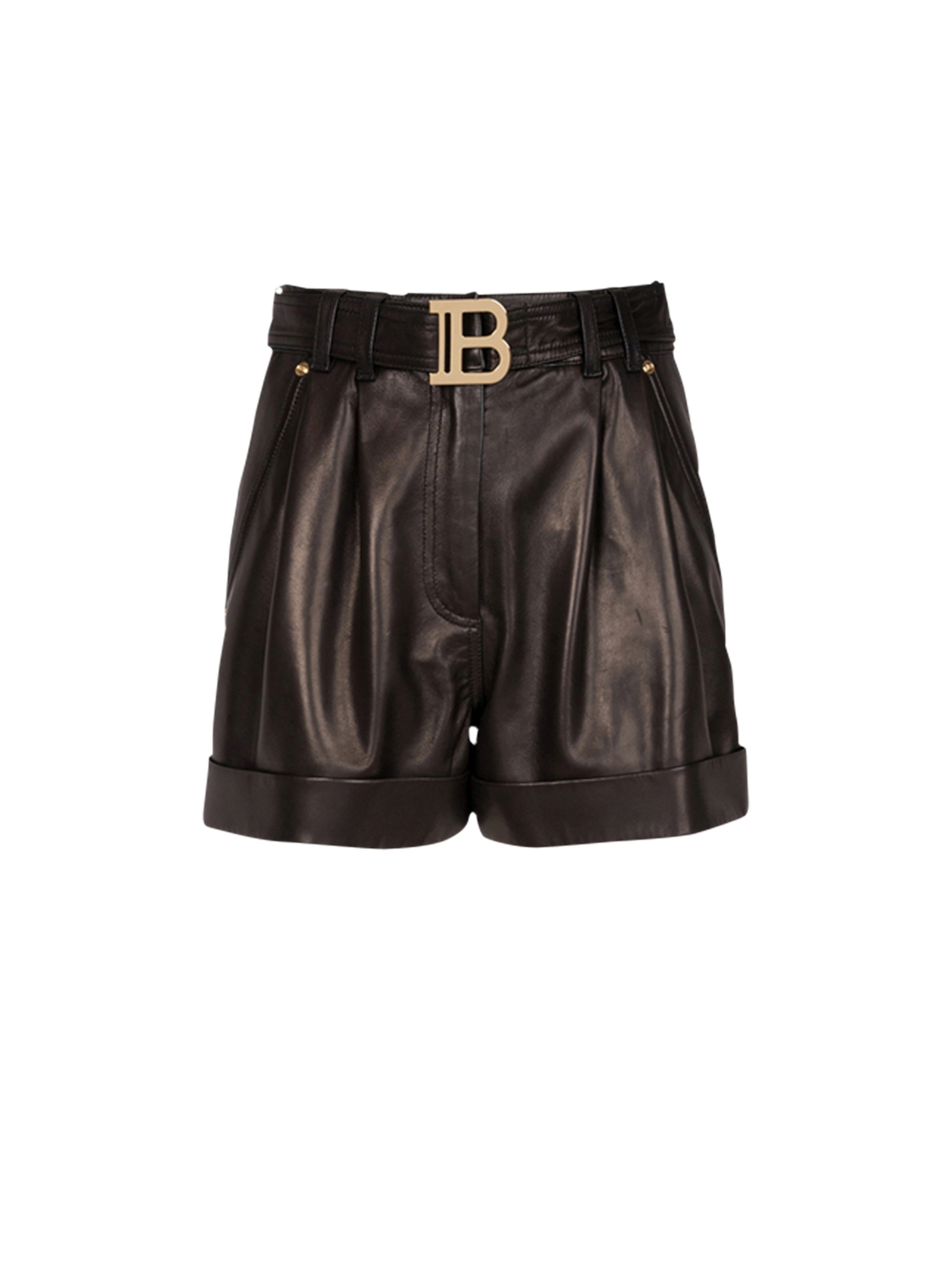 High-waisted leather shorts with Balmain buckle - 1