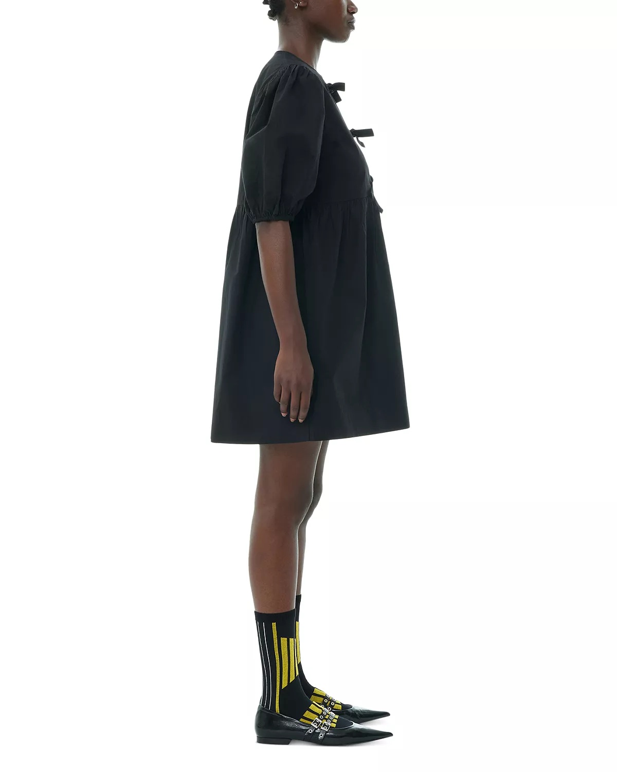 Black Cotton Poplin Tie String Mini Dress - 4