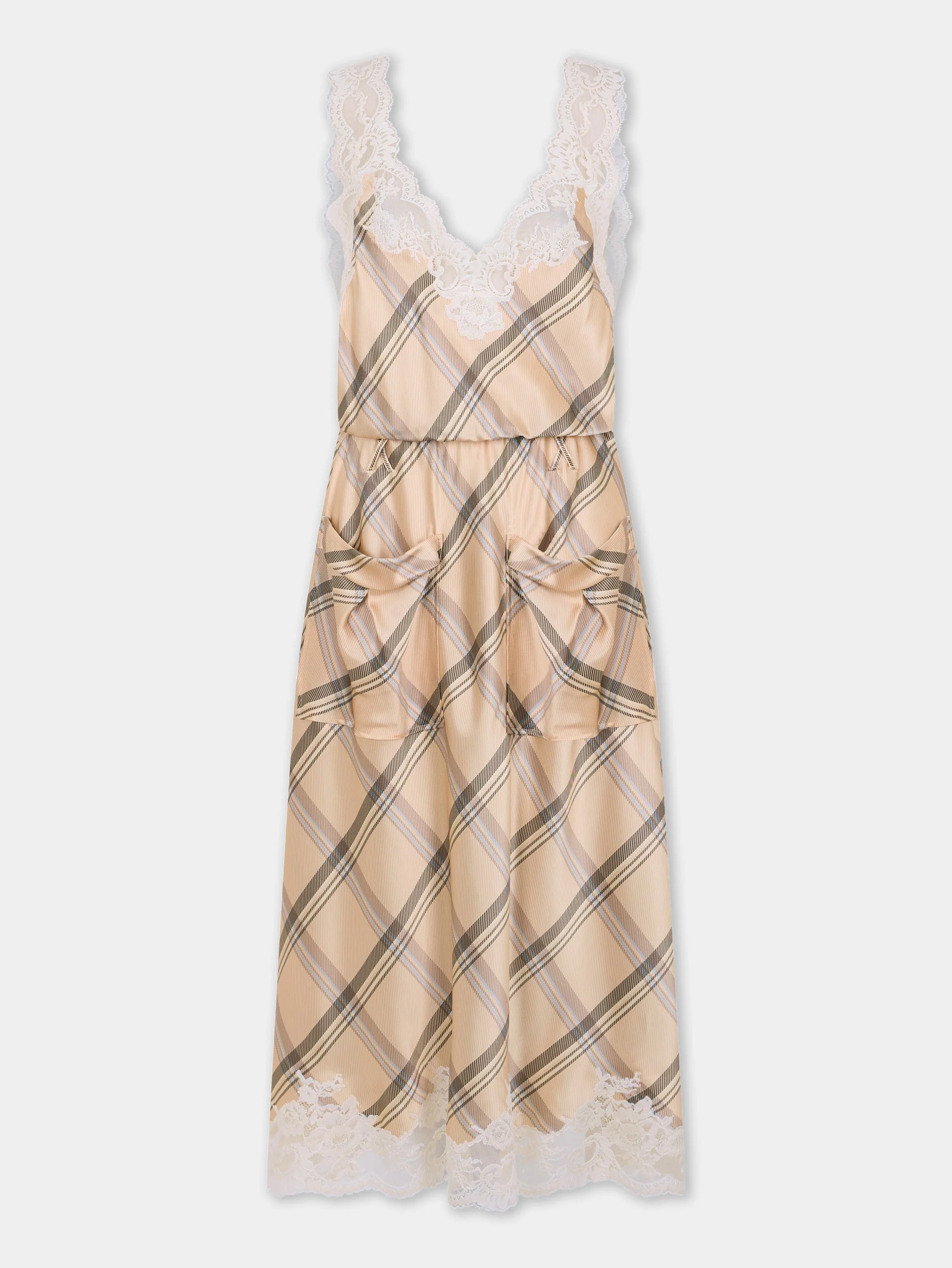 MIDI DRESS IN BEIGE TARTAN PRINT SILK SATIN WITH LACE DETAILING - 1