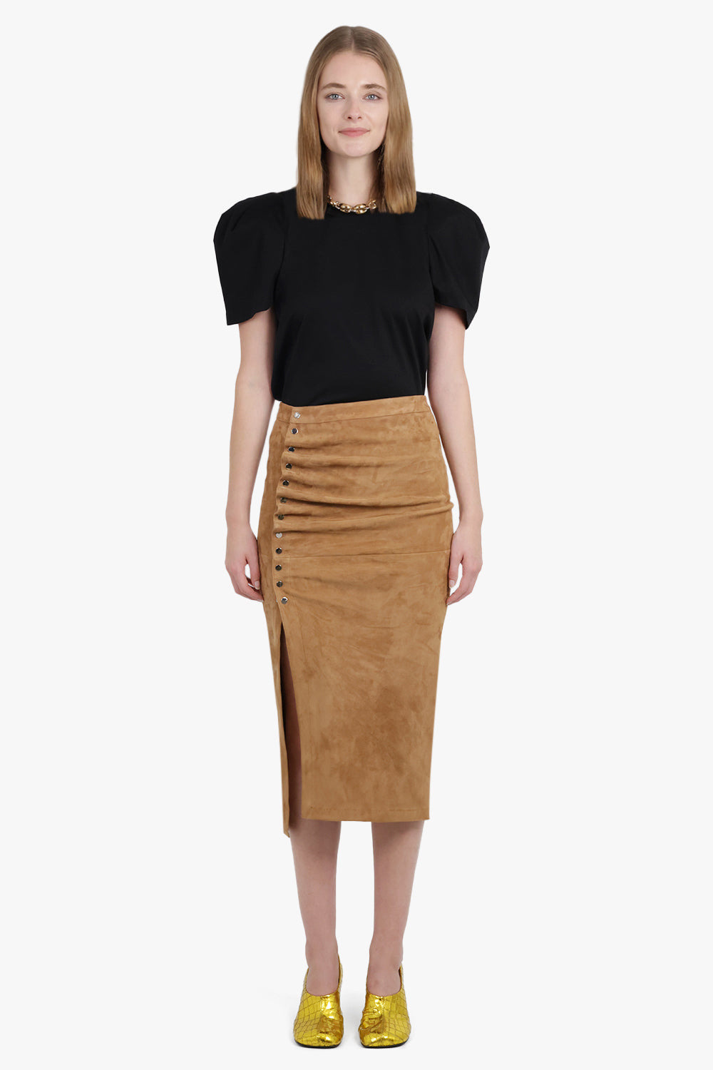ASYMMETRIC RUCHED LEATHER MIDI SKIRT | NEW CARAMEL - 4