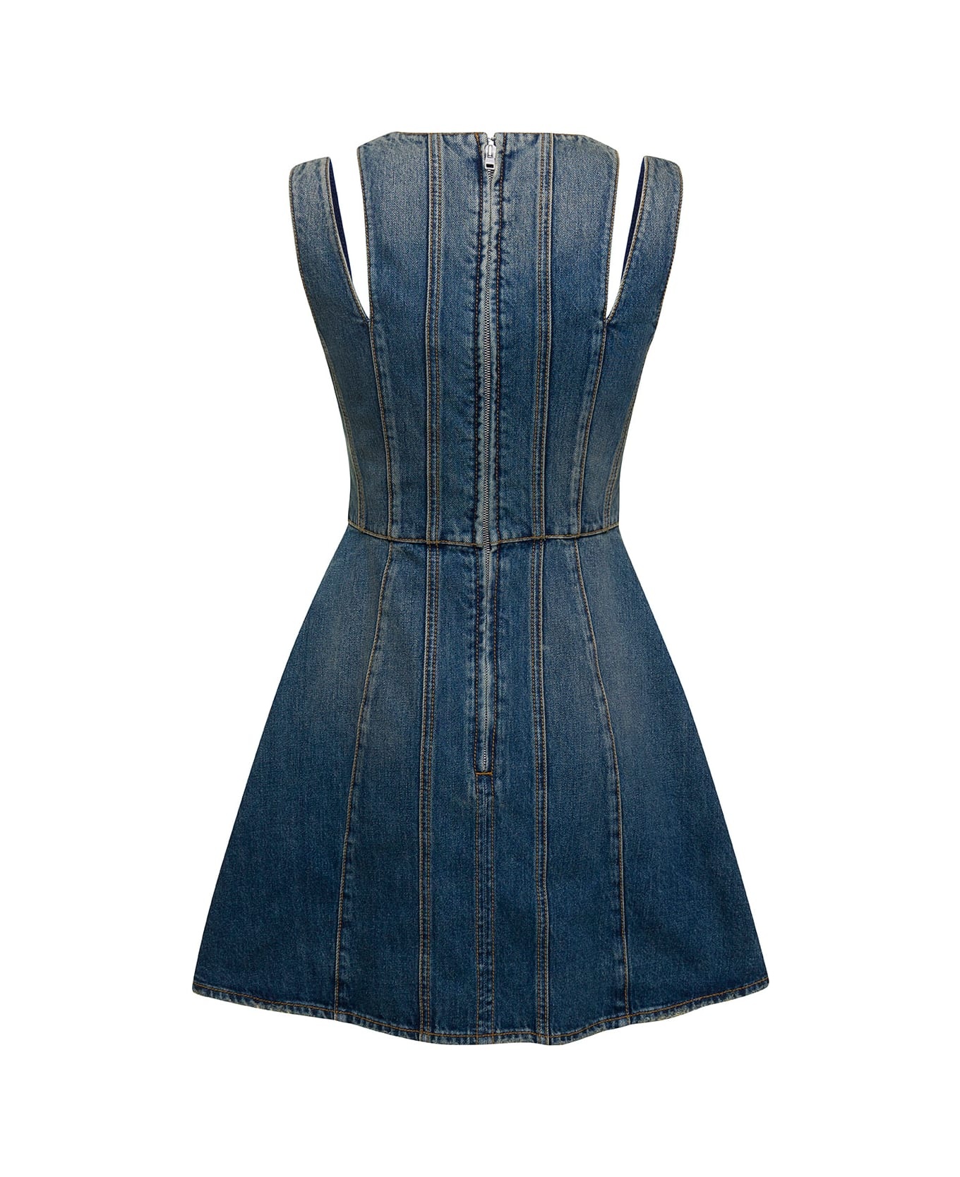 V-neck Pleated Denim Mini Dress - 2