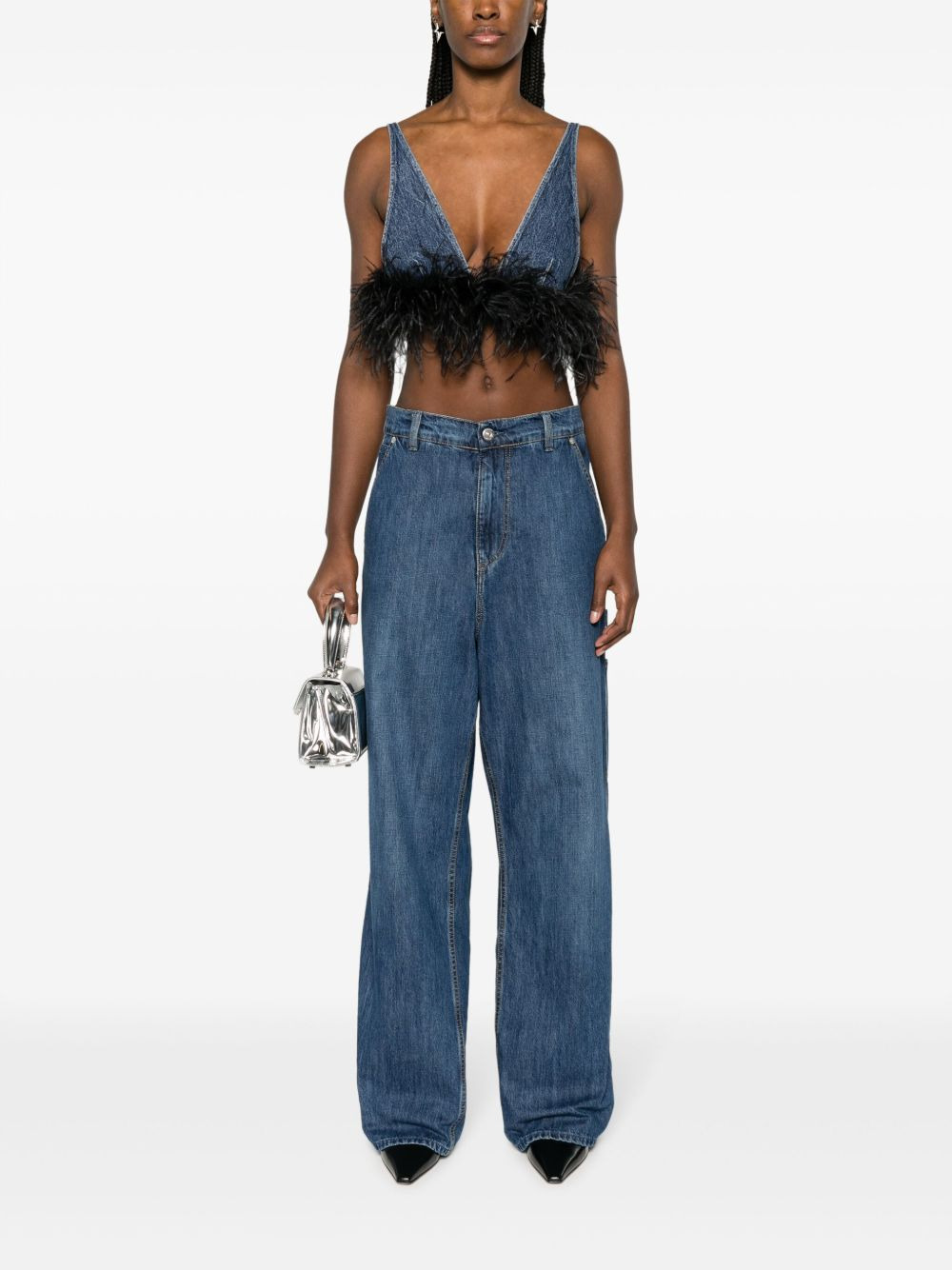 feather-trim denim top - 2