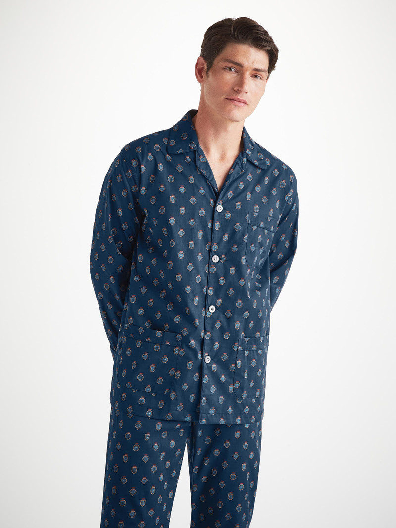 Men's Classic Fit Pajamas Cotton Batiste Navy Badge Print 5