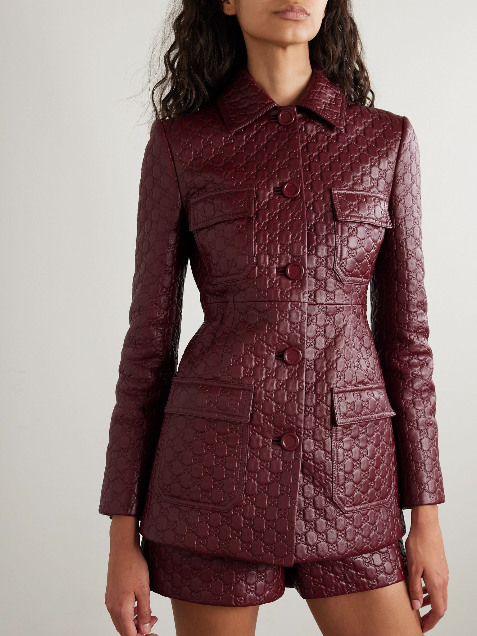 Paneled debossed leather jacket Burgundy - 3