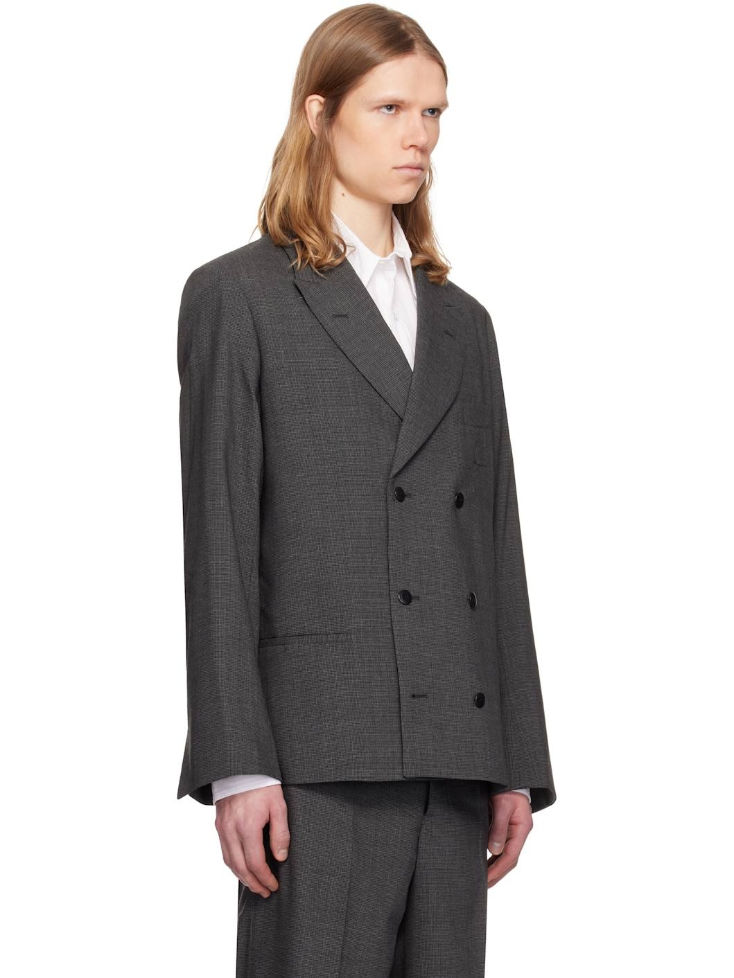 Gray Houndstooth Wool Blend Double Breasted Blazer - 2