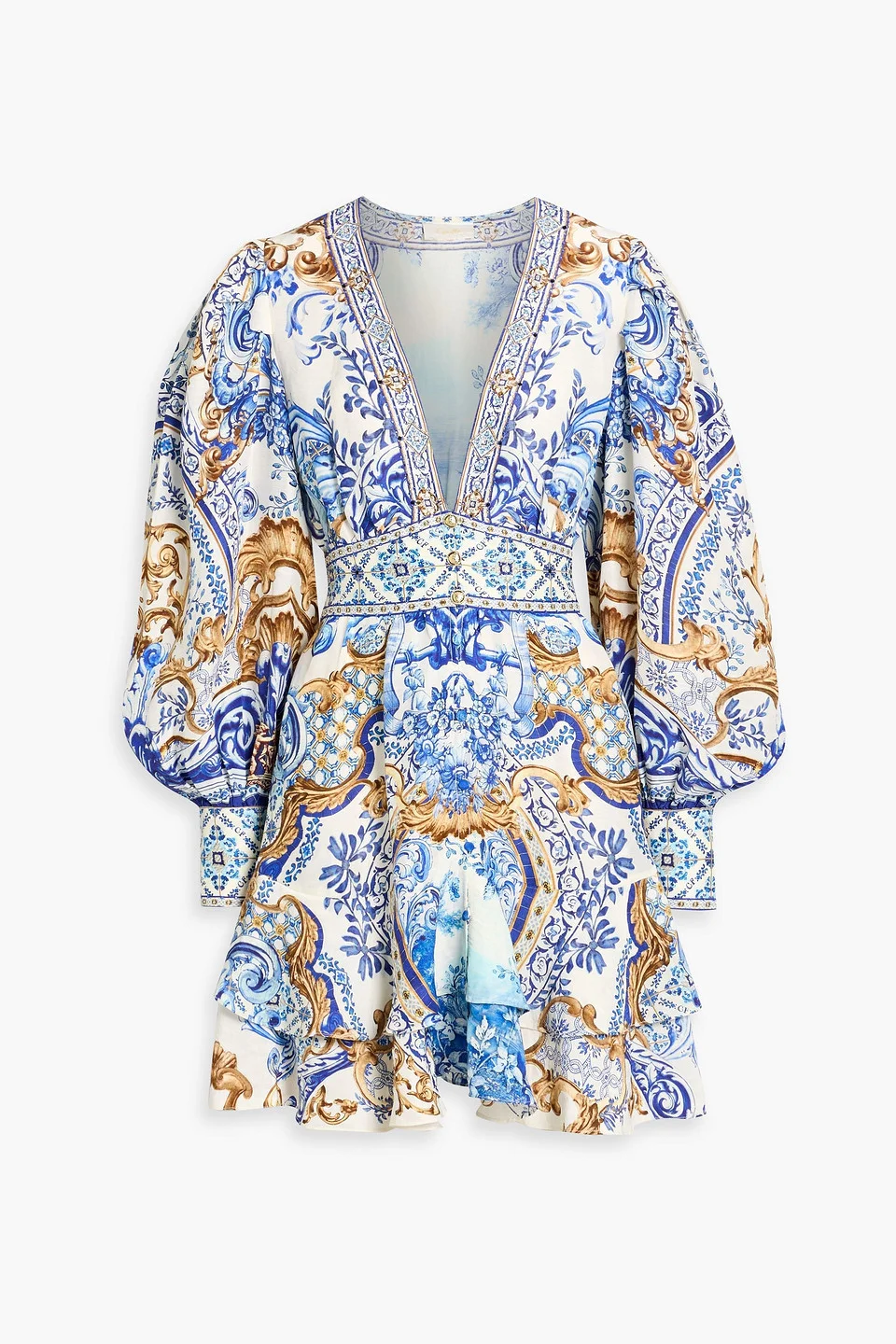 Crystal-embellished printed linen and silk-blend mini dress - 1