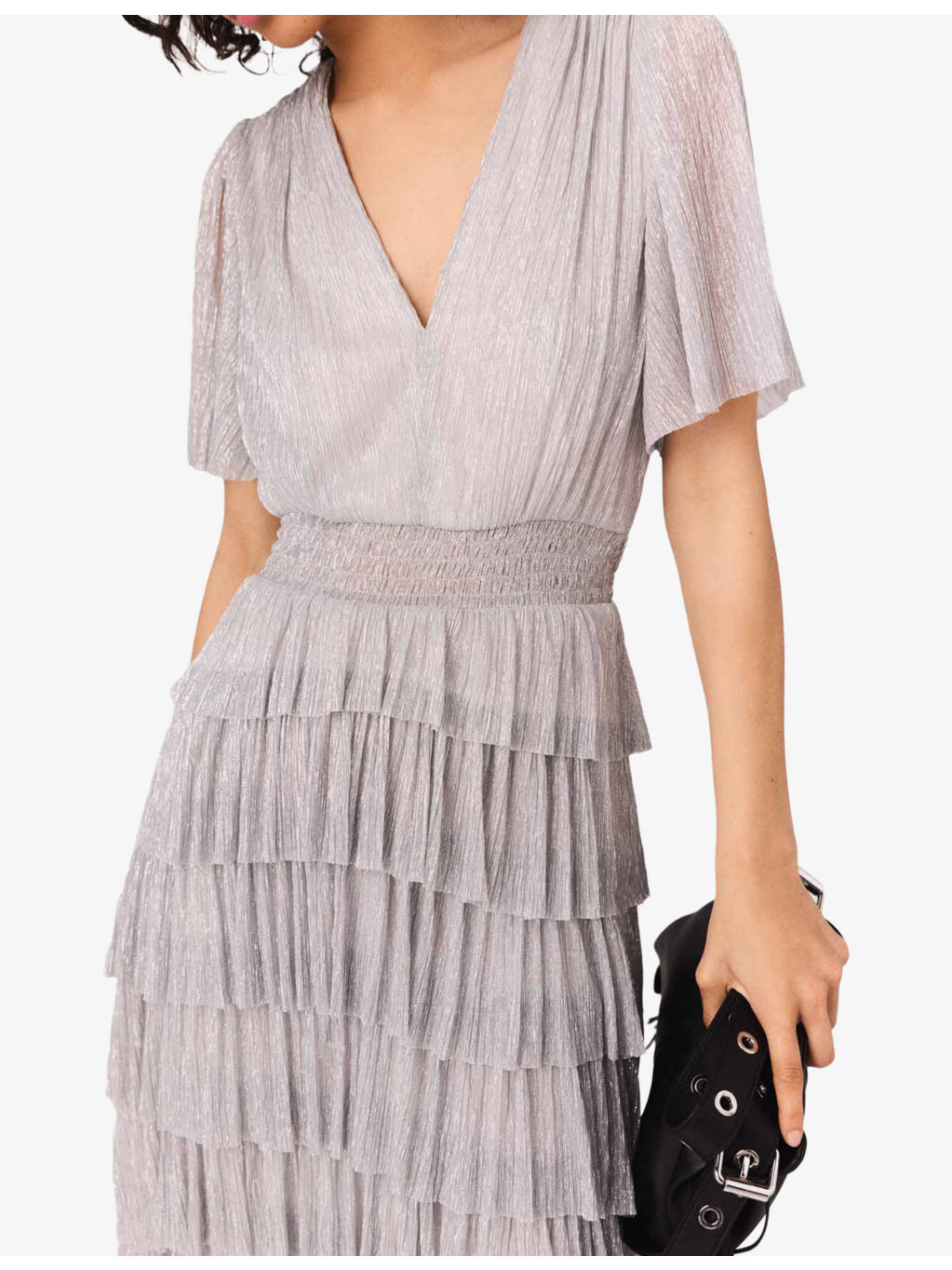 Ruffled V-Neck Metallic-Woven Maxi Dress - 3