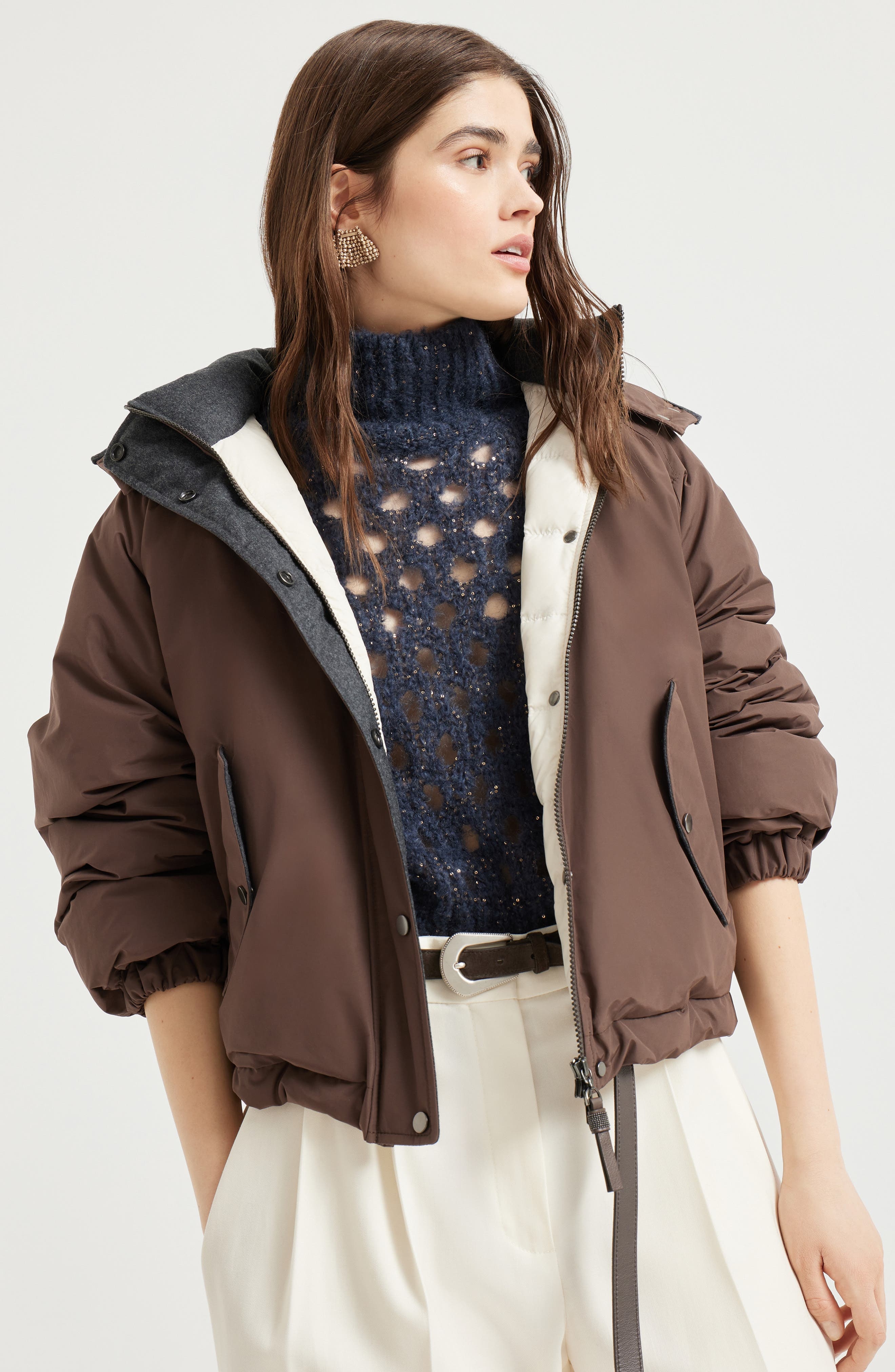 Brunello Cucinelli Crop down jacket with monili in Pine Cone Brown at Nordstrom - 5
