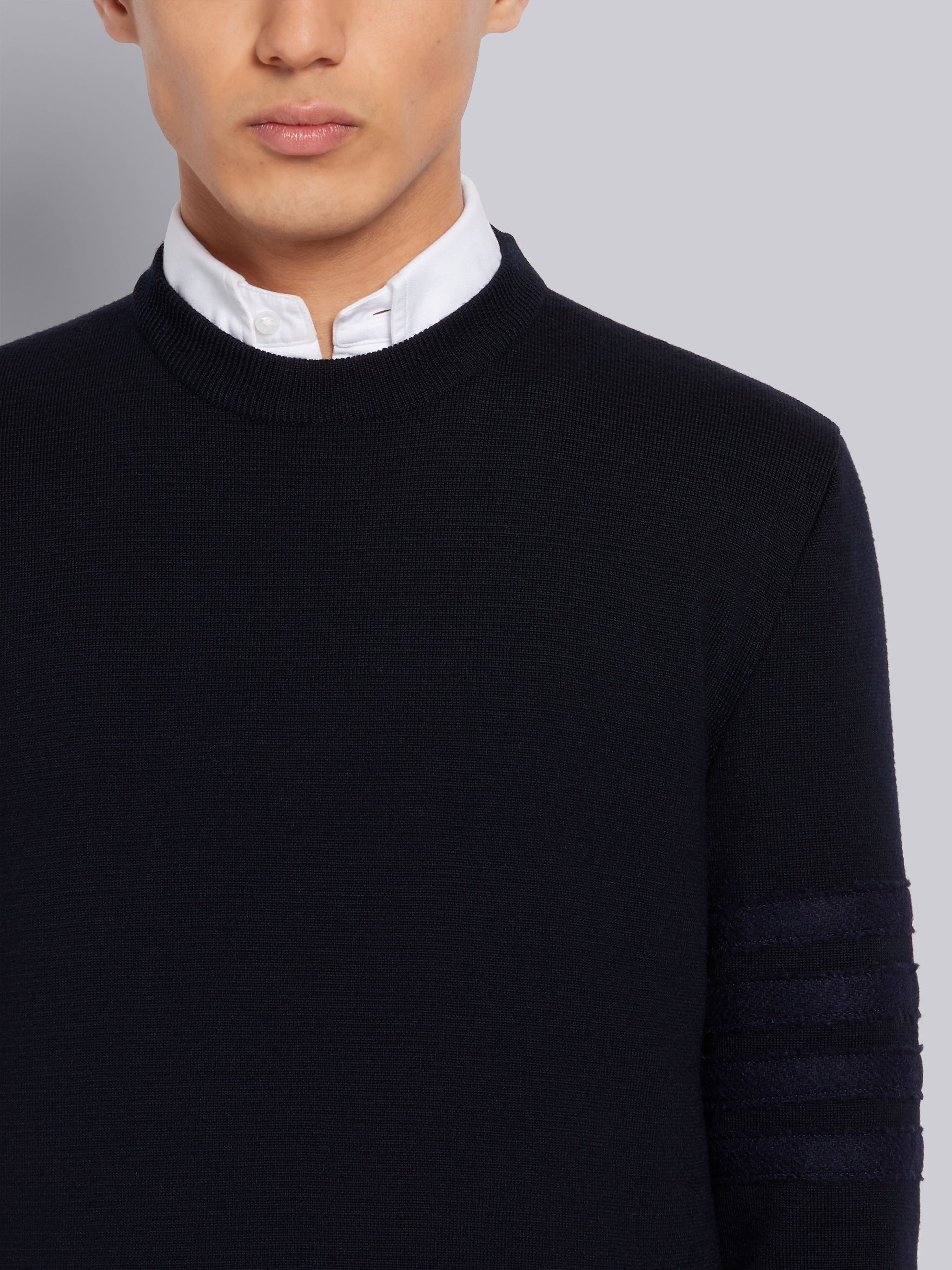 Navy Milano Stitch Fine Merino Crewneck Shetland 4-Bar Pullover - 5