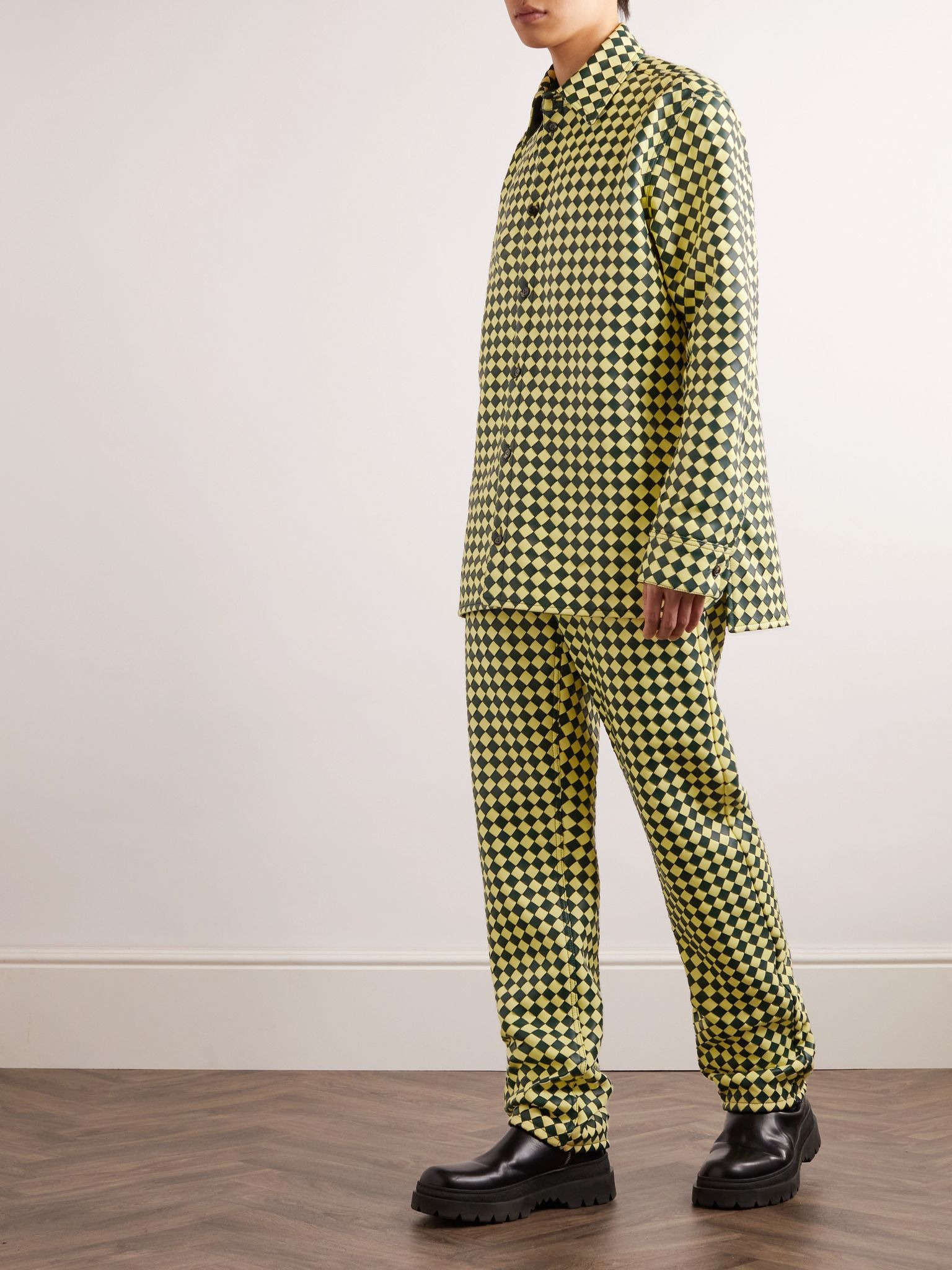 Straight-Leg Two-Tone Intrecciato Leather Trousers Green - 2