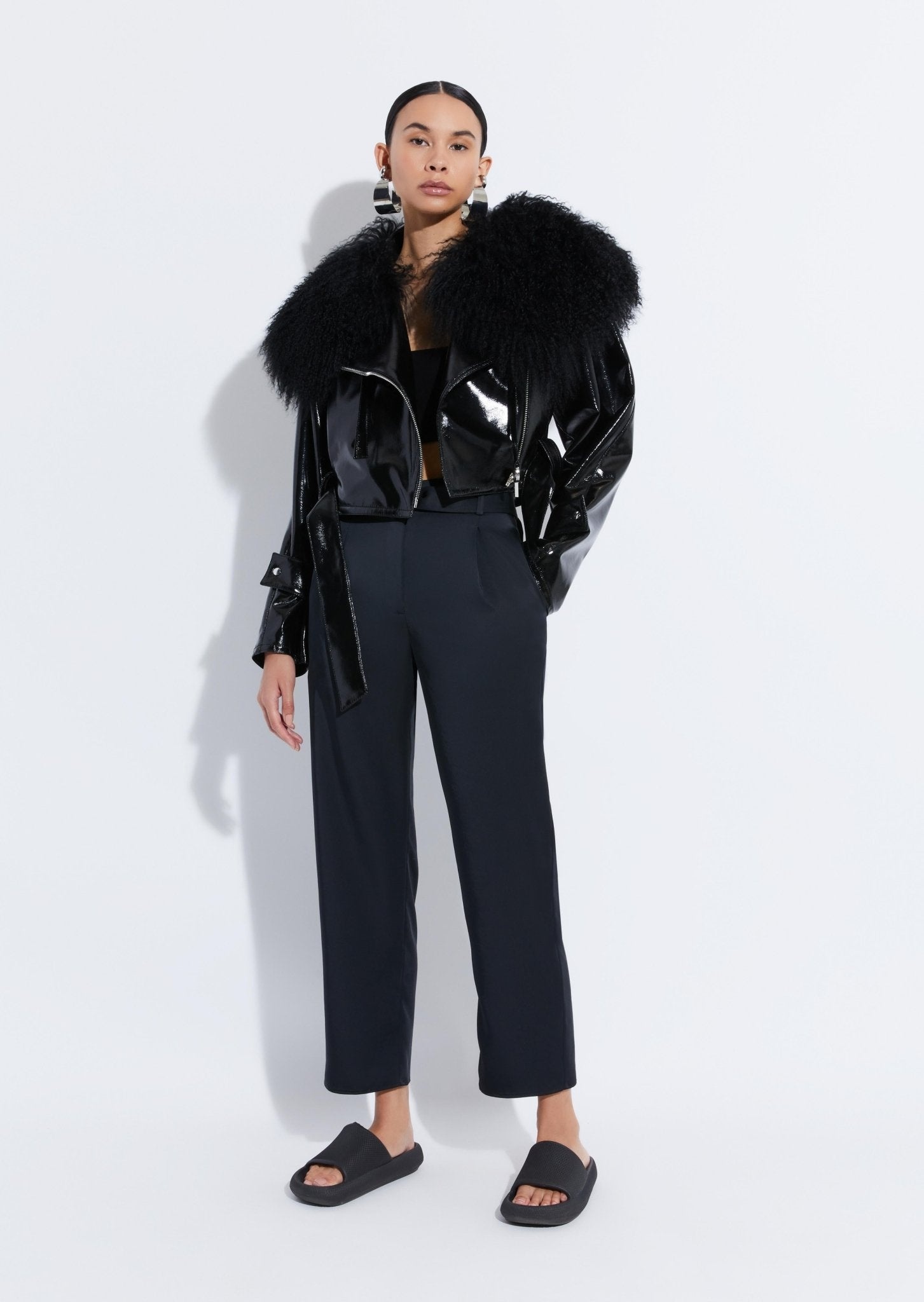 Patent Faux Leather Belted Moto Jacket - 4