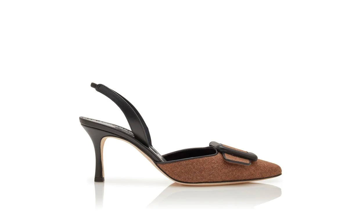 Brown and Black Wool Buckle Detail Slingback Pumps - 1