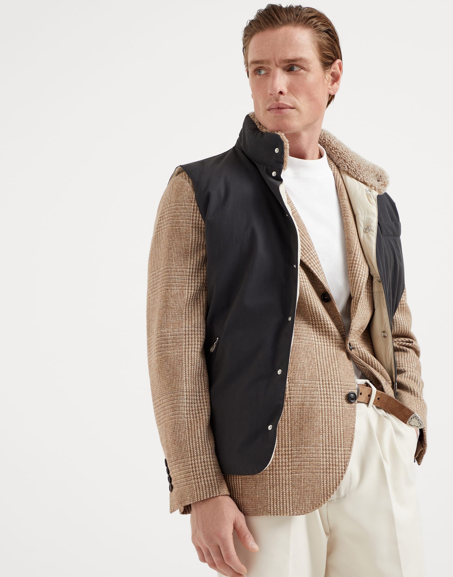 Techno cotton gabardine down vest with shearling insert - 1