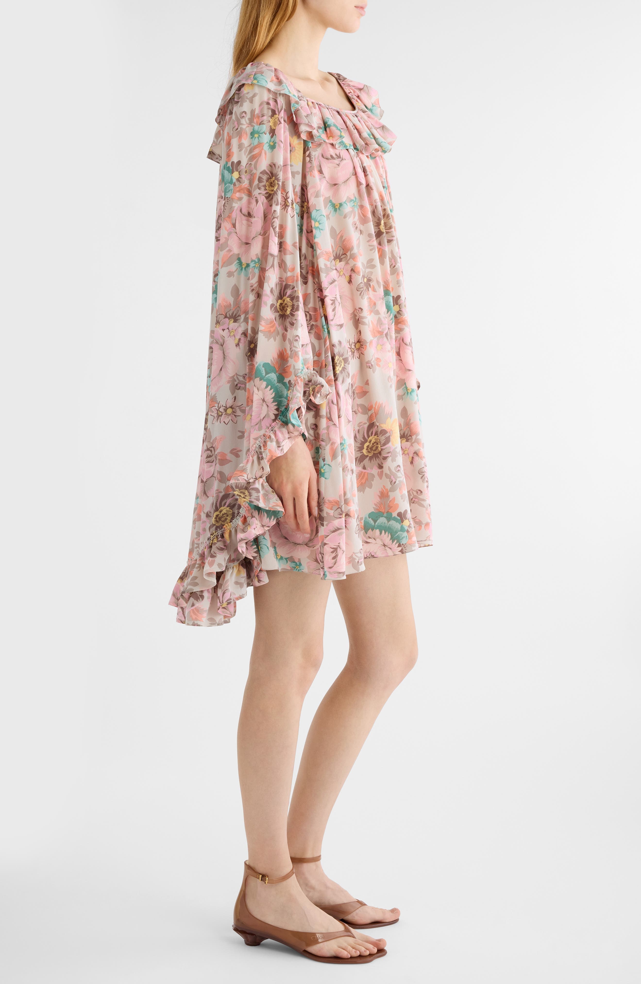 Chloé Bouquet Print Long Sleeve Silk Crêpe de Chine Minidress in Muddy Grey at Nordstrom - 3