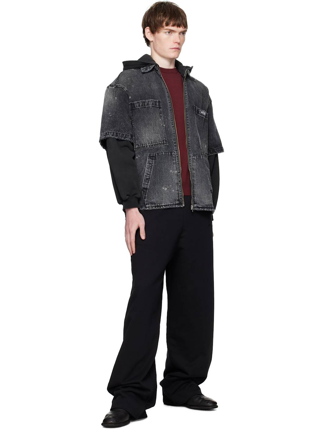 Black Faded Layered Hoodie Denim Jacket - 4