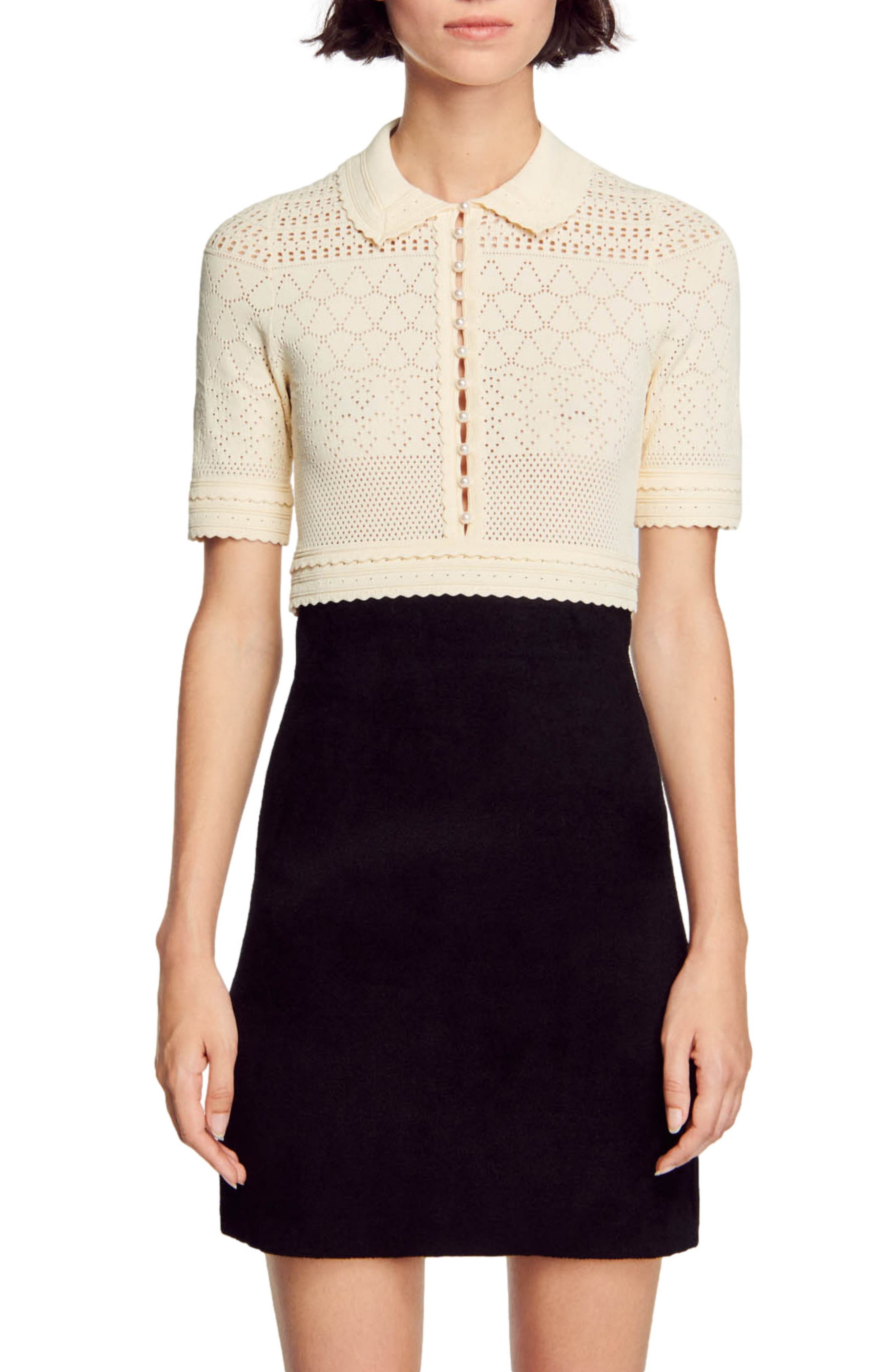 SANDRO Solene Short Sleeve Sheer Pointelle Crop Sweater in Black at Nordstrom - 5