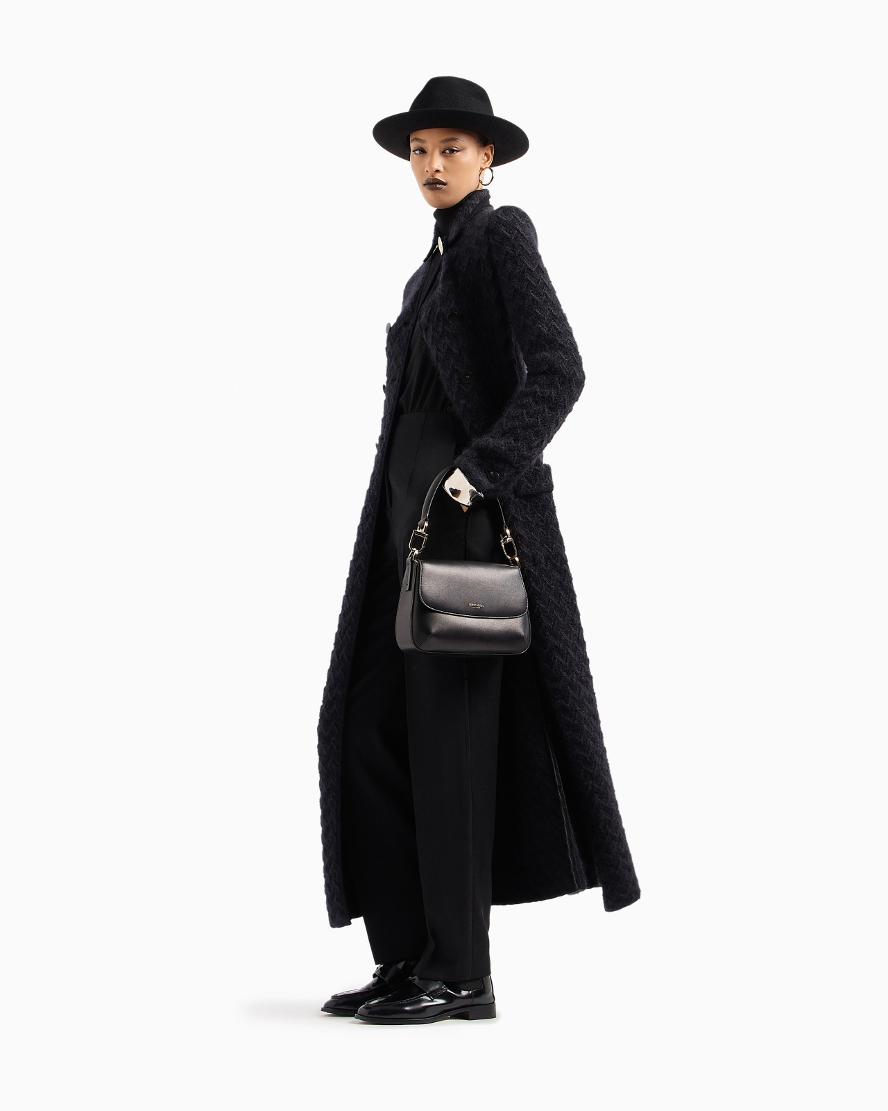 Long double-breasted coat in chevron jacquard viscose, silk and mohair wool - 2
