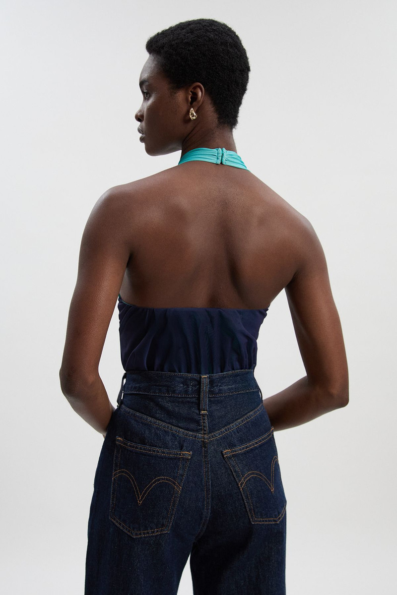Halter Neck Trim Detail Plunge Ombre Mesh Bodysuit 5