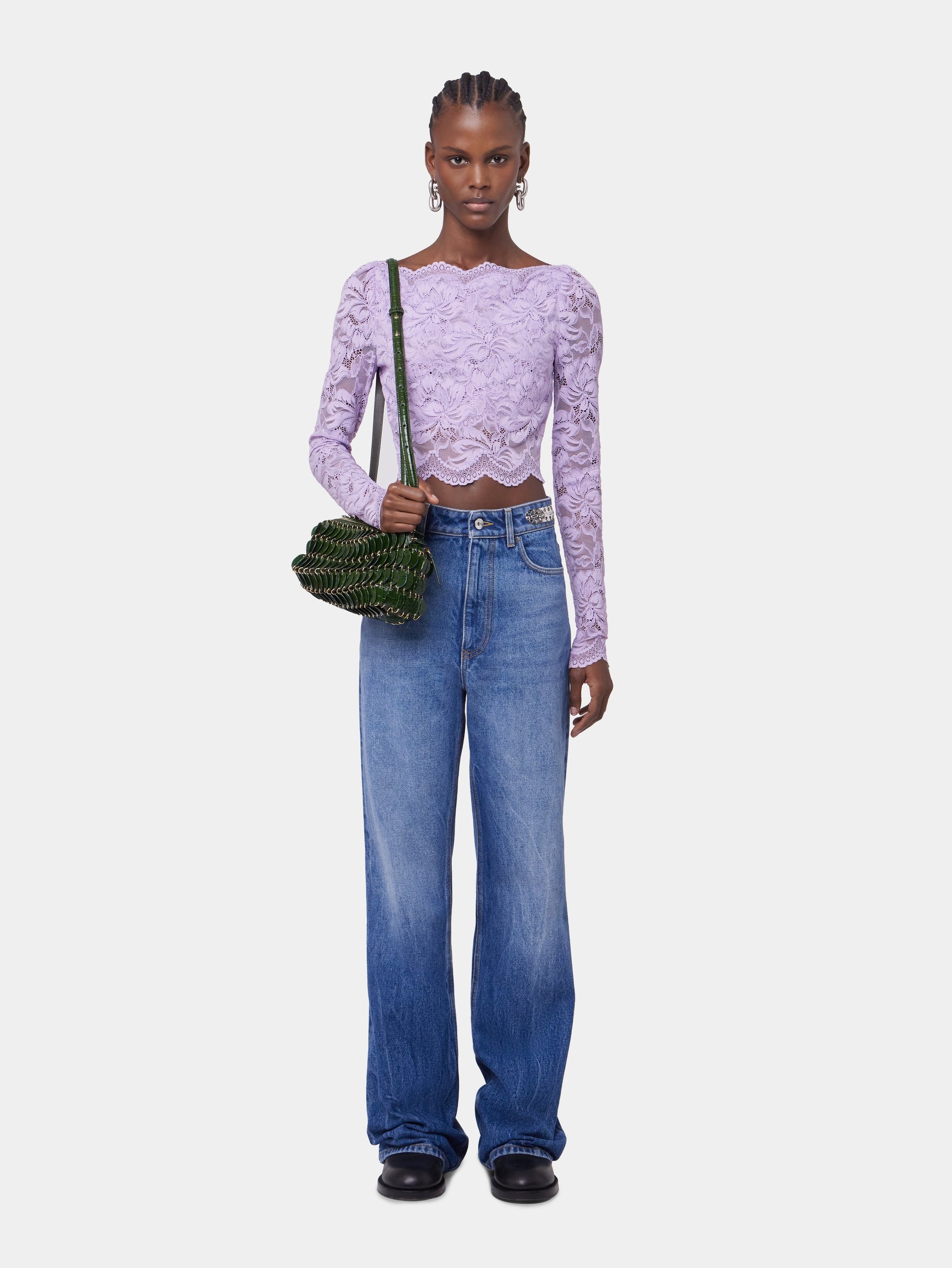 LAVENDER LONG-SLEEVED CROP TOP IN LACE - 4
