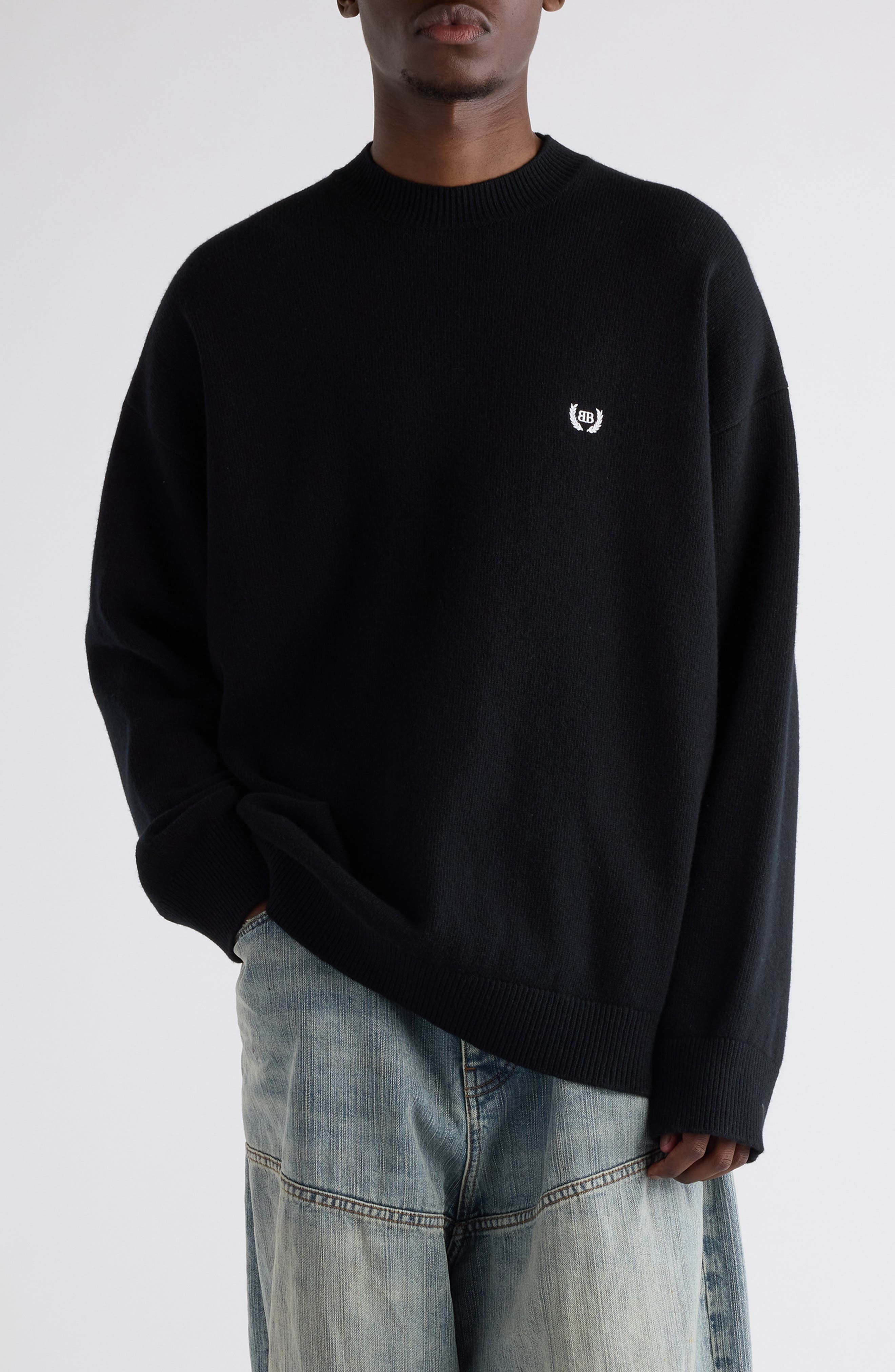 Balenciaga Relaxed Logo Embroidered Virgin Wool Sweater in 1000 Black at Nordstrom - 1