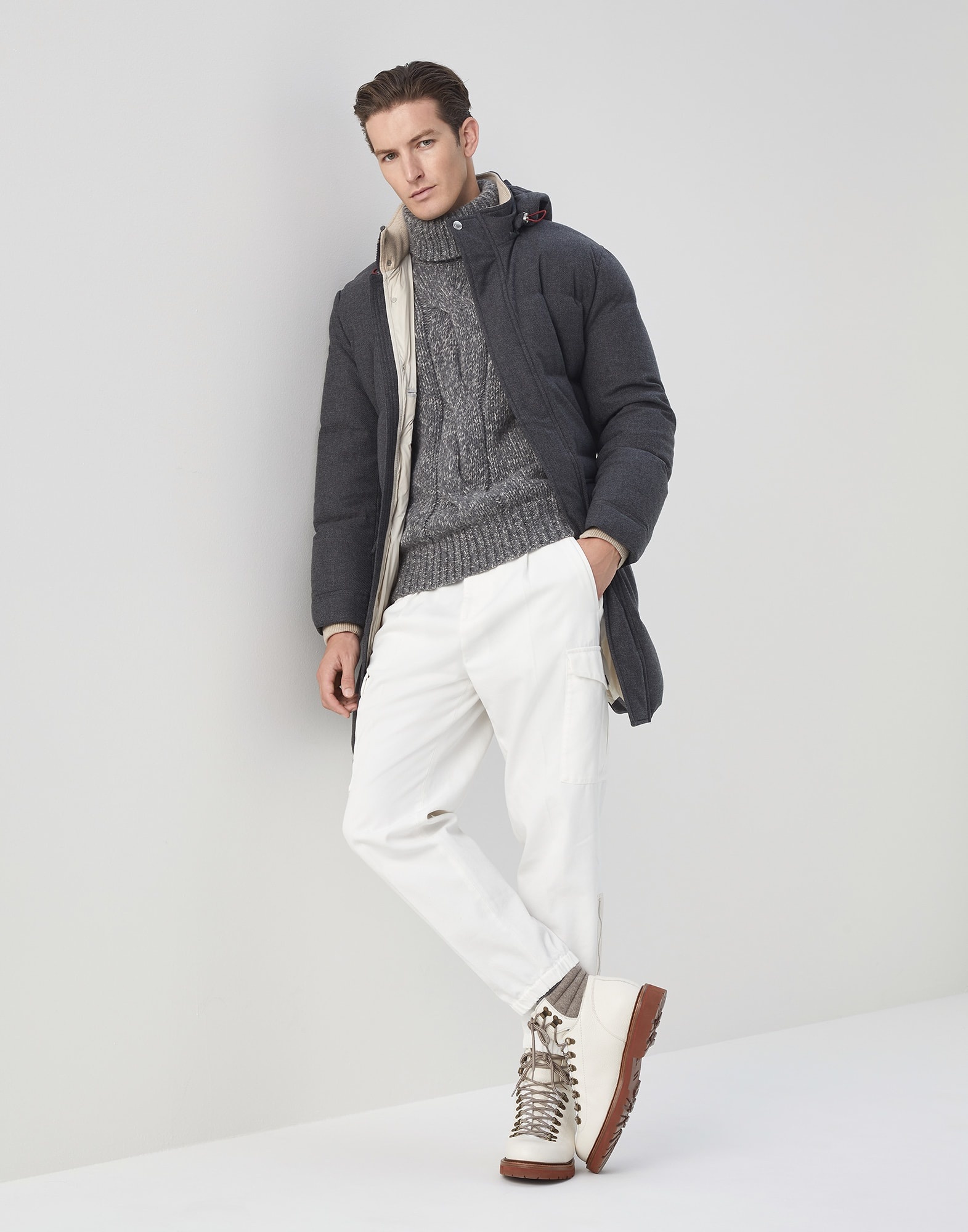 Wool, silk and cashmere bonded diagonal long down coat with detachable hood - 5
