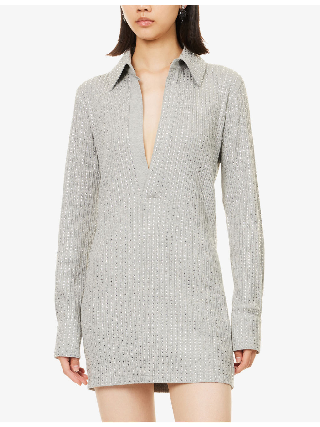 Crystal-Embellished Polo-Collar Cotton Mini Jumper Dress - 3
