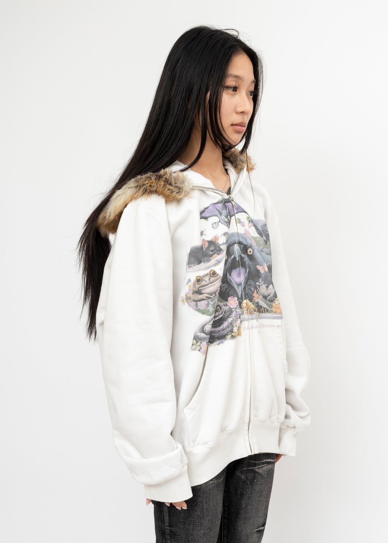 IVORY DOUBLET FURRY COLLAR ZIP-UP HOODIE - 2