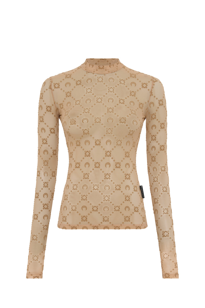 Moonogram Mesh Flock Second Skin Highneck Top - 1